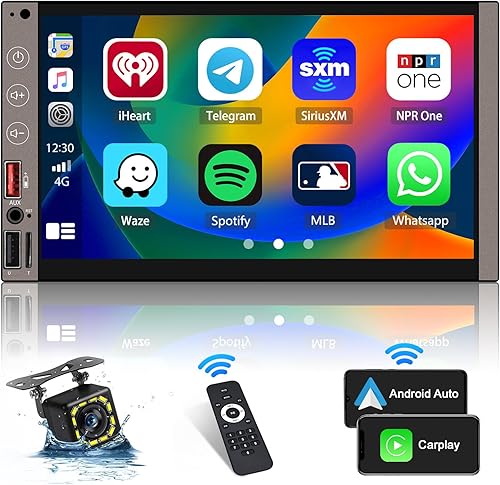 Estéreo de auto doble DIN con CarPlay inalámbrico y Android Auto inalámbrico, pantalla táctil HD de 7 pulgadas, reproductor multimedia Bluetooth con