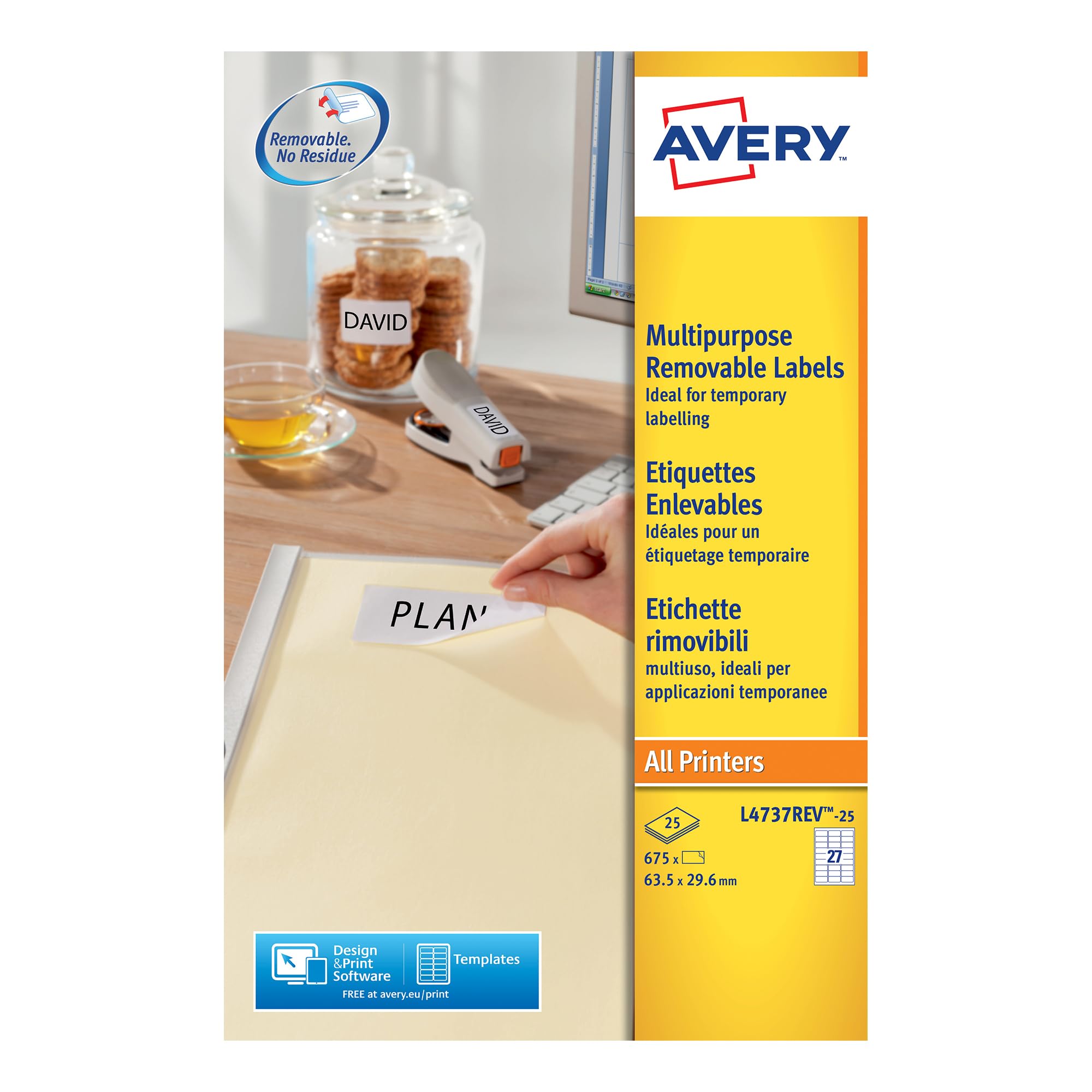 Avery Removable, Printable, Multi Purpose Labels, Multi surface, 63.5 x 29.6 mm, White, 27 Labels per sheet, 675 Blank labels per pack (L4737REV-25)The Forest Stewardship Council