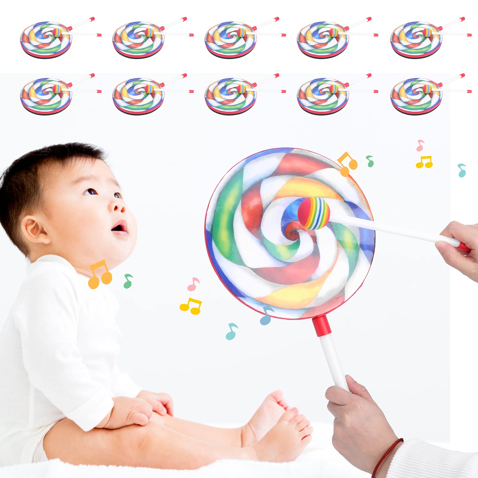 Lollipop -Form -Drum, 10pcs Drum Mallet 8in Kinder Tamburine Set Buntes Hammer Music Rhythmus Instrument für Party Holiday