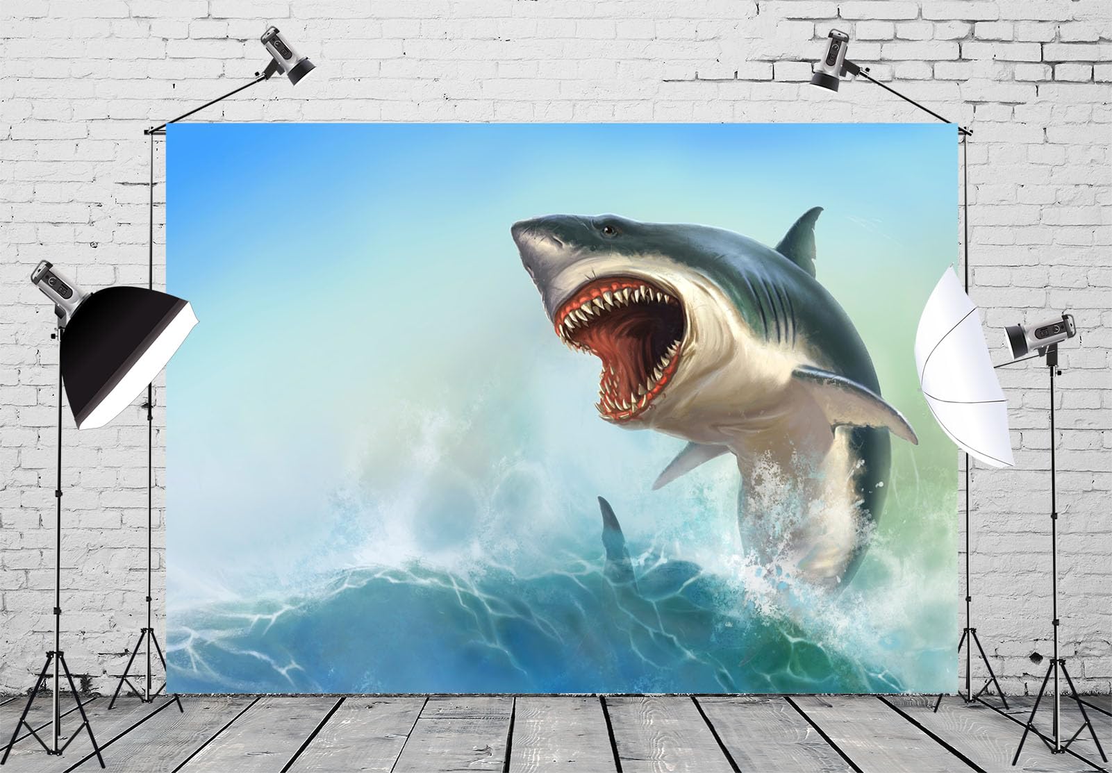 BELECO 7x5ft Fabric Great White Shark Backdrop for Photography Ocean Waves Shark Background Ocean Shark Theme Party Birthday Baby Shower Decorations Adult Children Portrait Photo Shooting Props