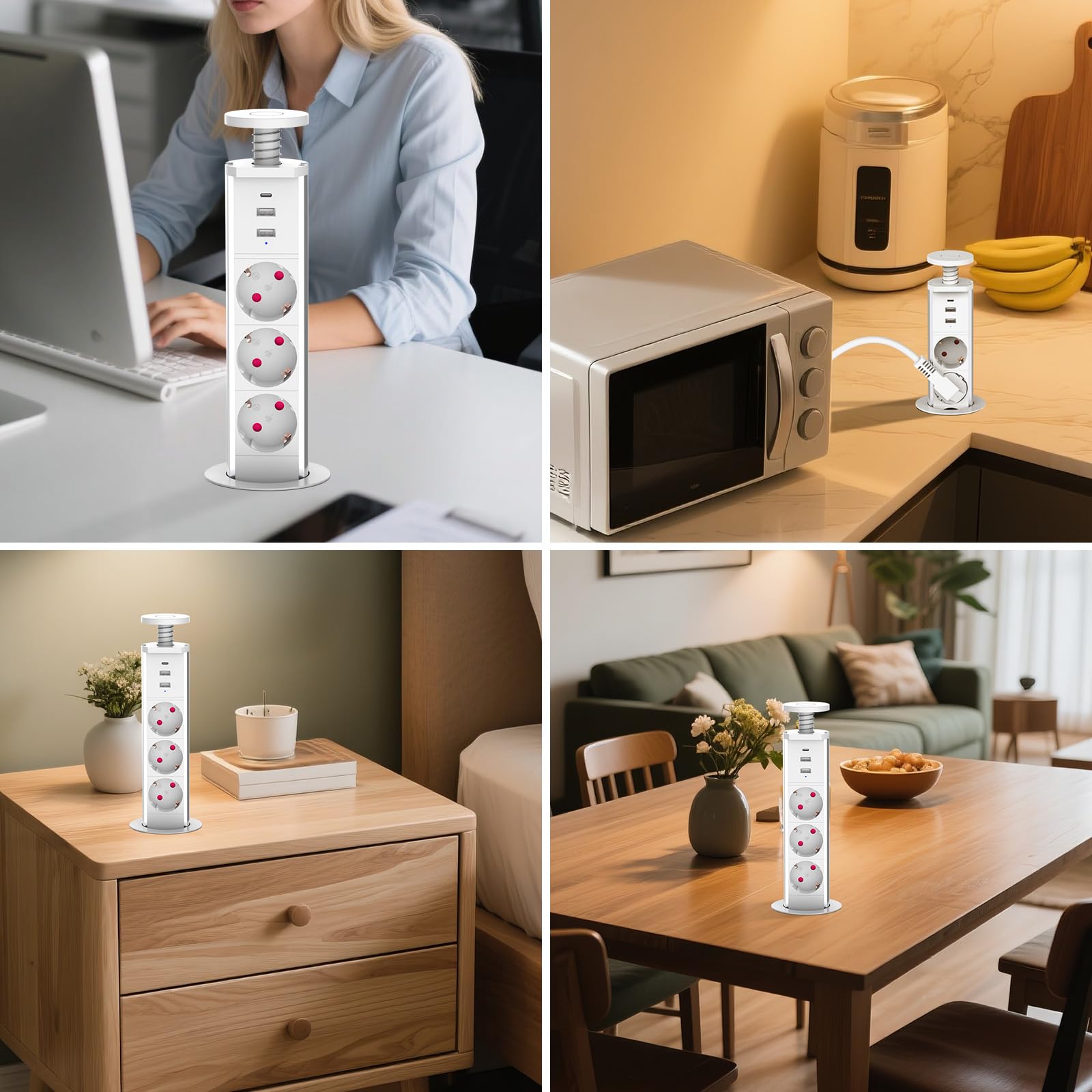 Steckdosenleiste Unterputz Block PD 20 W Schnellladung mit 3 Steckdosen, 2 USB-A und 1 USB-C Kabel 1,8 m, Ø 60 mm, versenkbare Steckdose, Arbeitsplatte für Küche, Büro, Schlafzimmer, Wohnzimmer