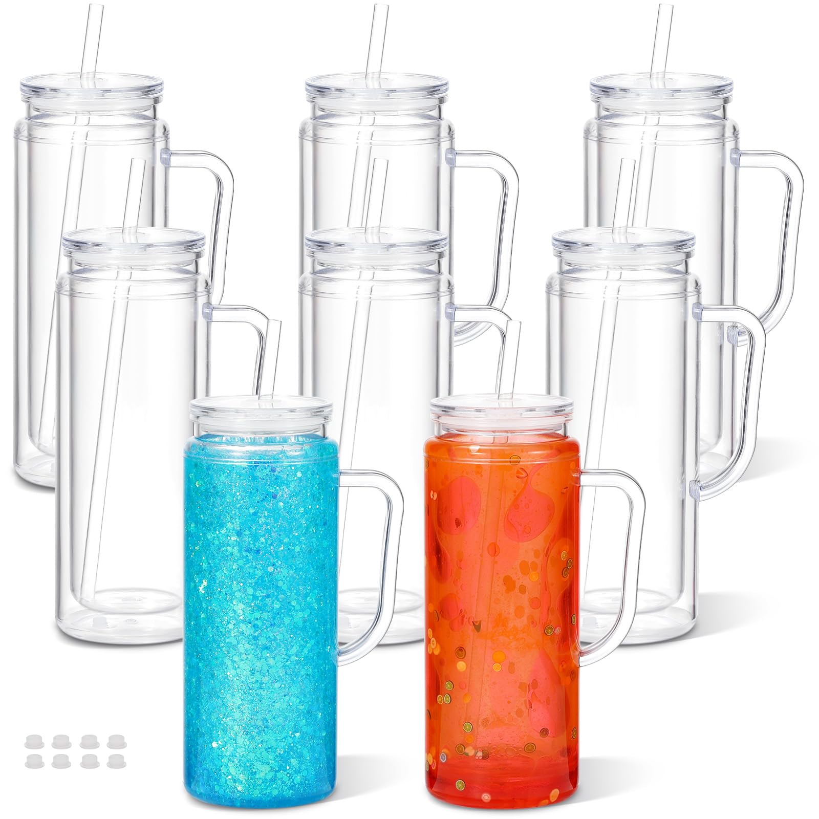 Maucircol 20 Oz Acrylic Snow Globe Tumbler with Handle, 8 Pack Pre-Drilled Snowglobe Cup For Snow Globe Diy Glitter, Double Wall Plastic Snowglobe Tumbler with Clear Lid