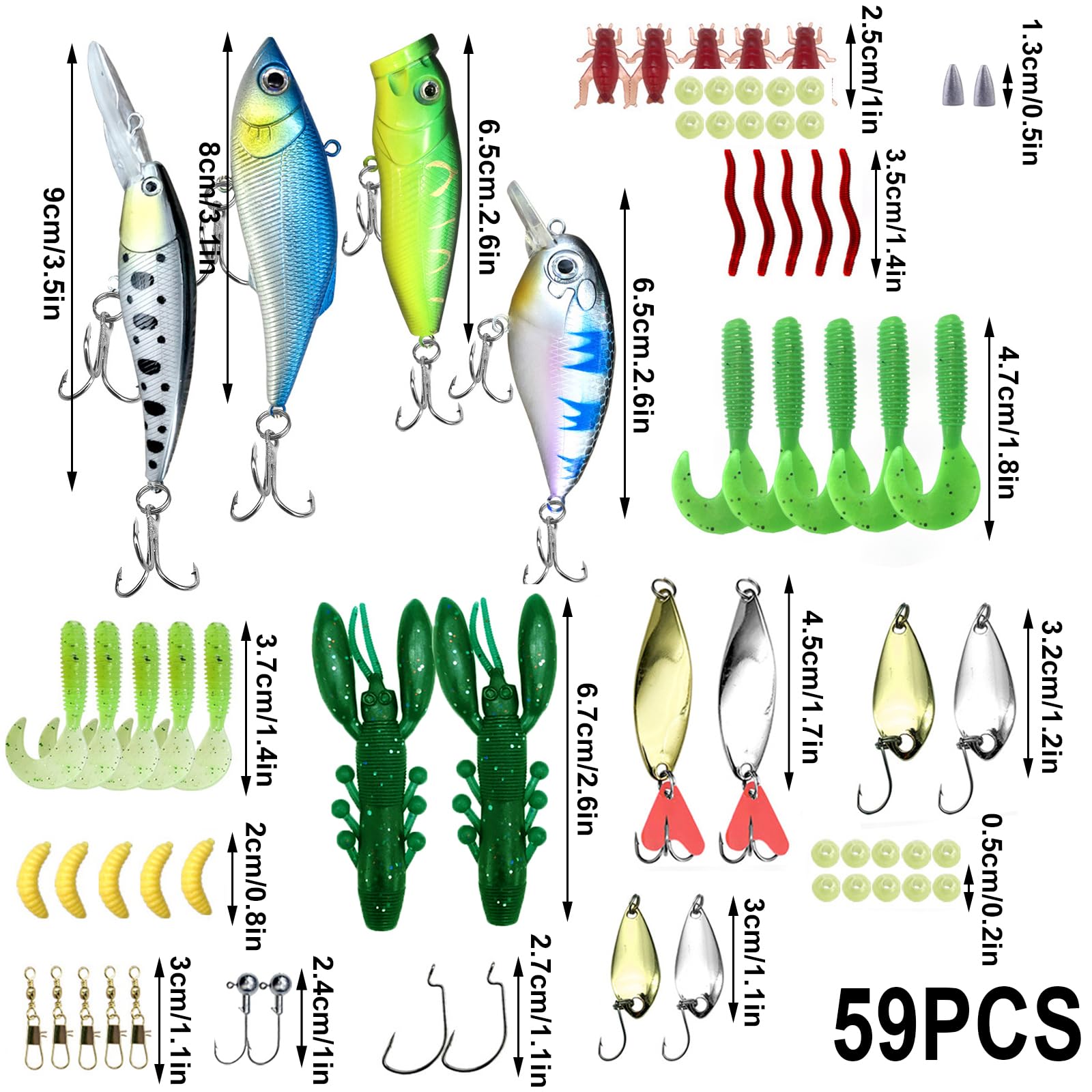 Kit De 59 Leurres De Pêche Mélangés – Spinners, Crankbaits, Leurres Souples/Durs, Crochets, Poids – Eau Douce/Salée