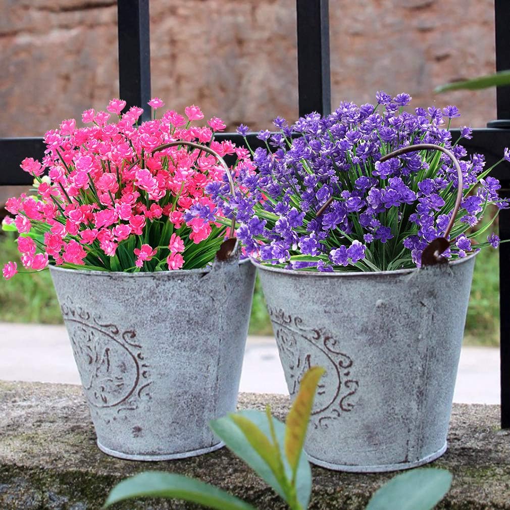20 Bundles Artificial Outdoor Flowers Fake UV Resistant No Fade Greenery Faux Plants Shrubs for Indoor Outside Hanging Planter Office Home Wedding Farmhouse Decor (Pink)