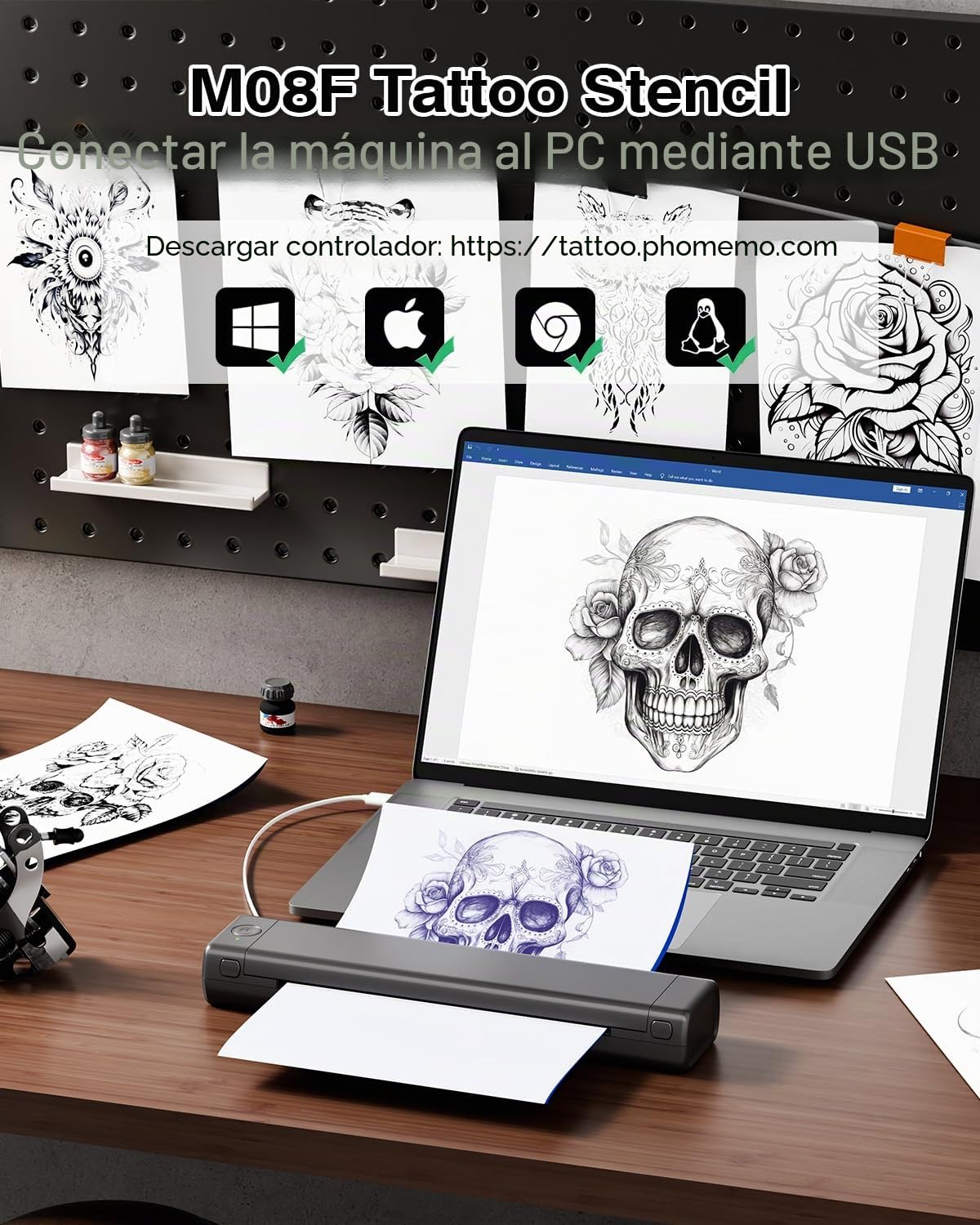 Phomemo M08F Impresora Tattoo Termocopiadora Tattoo Impresora Tatuajes Termica Tattoo Máquinas de Tatuaje con 10pcs Termocopiadora Tatuaje Papel de Tatuaje + Caja
