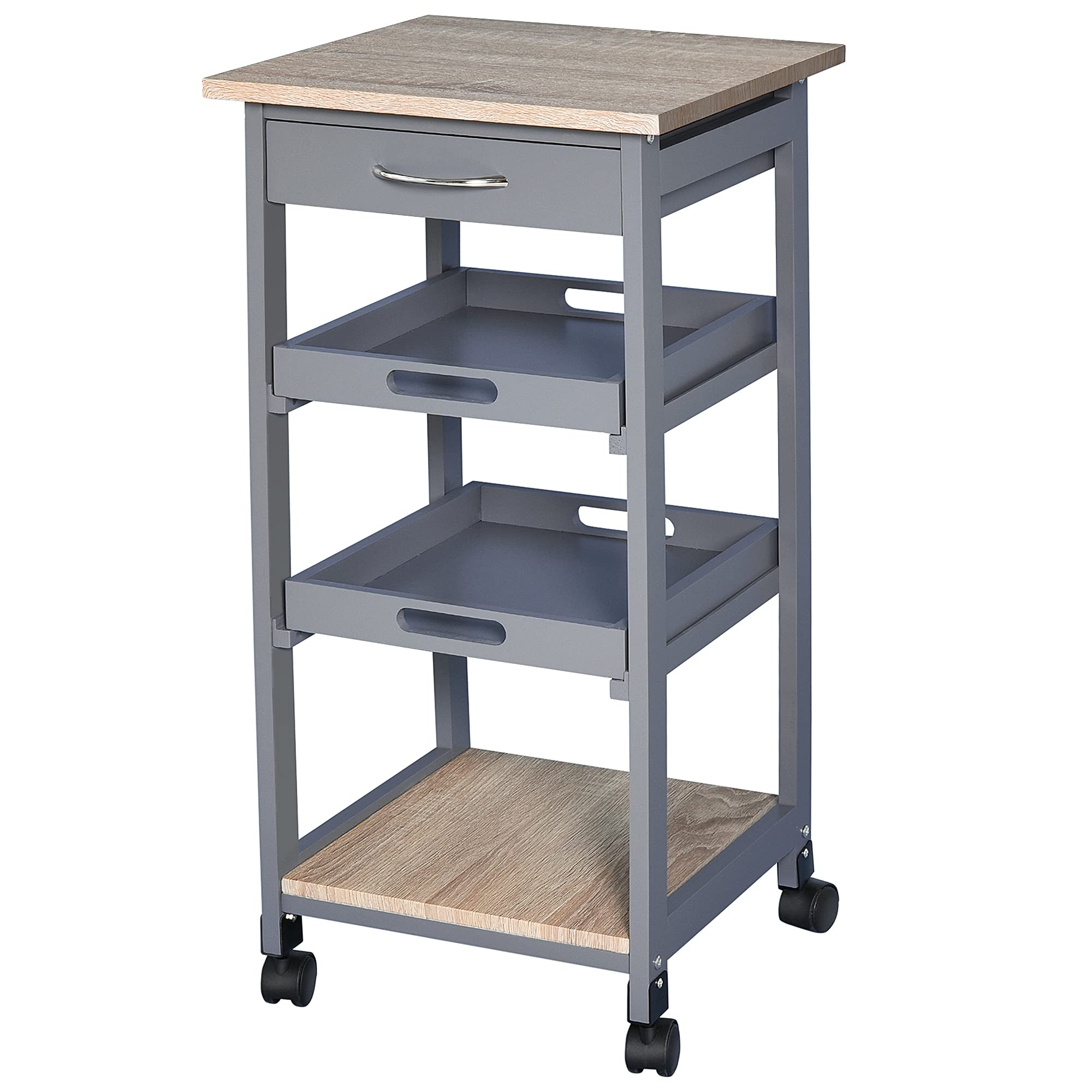 HOMCOM Servierwagen Küchenwagen mit Rollen 2 abnehmbare Tabletts, Schublade, Regal helle Eiche Holz Kiefer grau