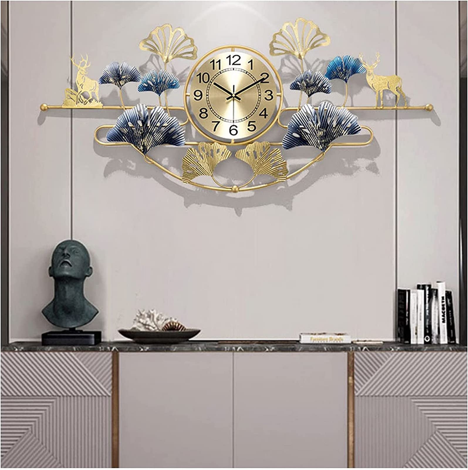 Sjdopulse Gold Wall Clock Modern Art Wall Clock Large Wall Clock, Creative Quartz Decorative Clocks With Ginkgo Leaf Design, Modern 3D Metal Art Wall Clocks For Living Room Bedroom Wall Cloc,82 * 41Cm