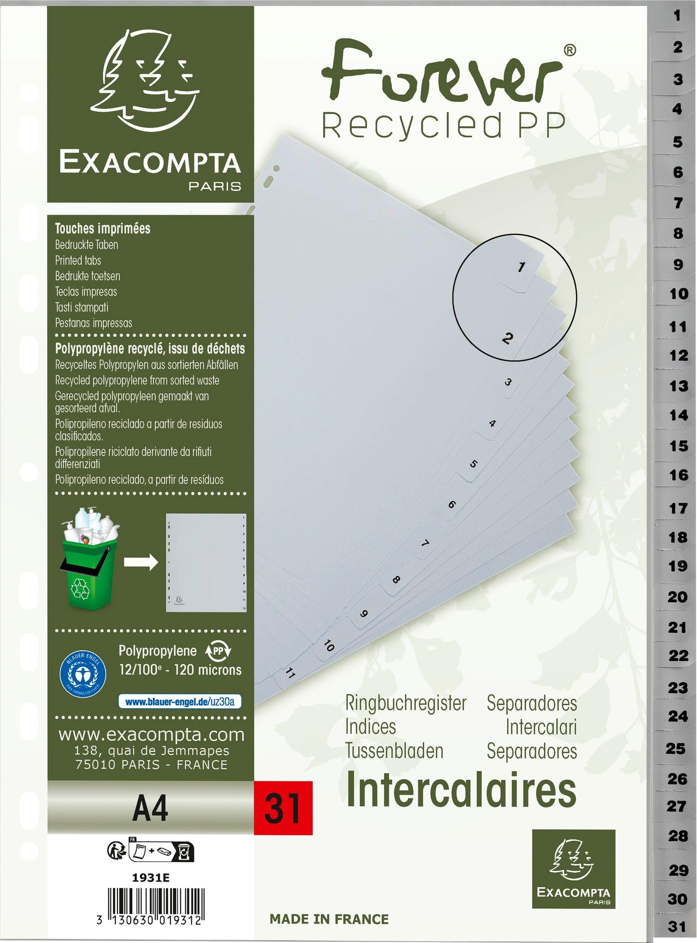 Exacompta 1931E Kunststoff-Register 1-31 für DIN A4 aus recyceltem Kunststoff 31-teilig volle Höhe 21 x 29,7 cm grau mit bedruckten Taben Universallochung Blauer Engel Trennblätter Trennstreifen