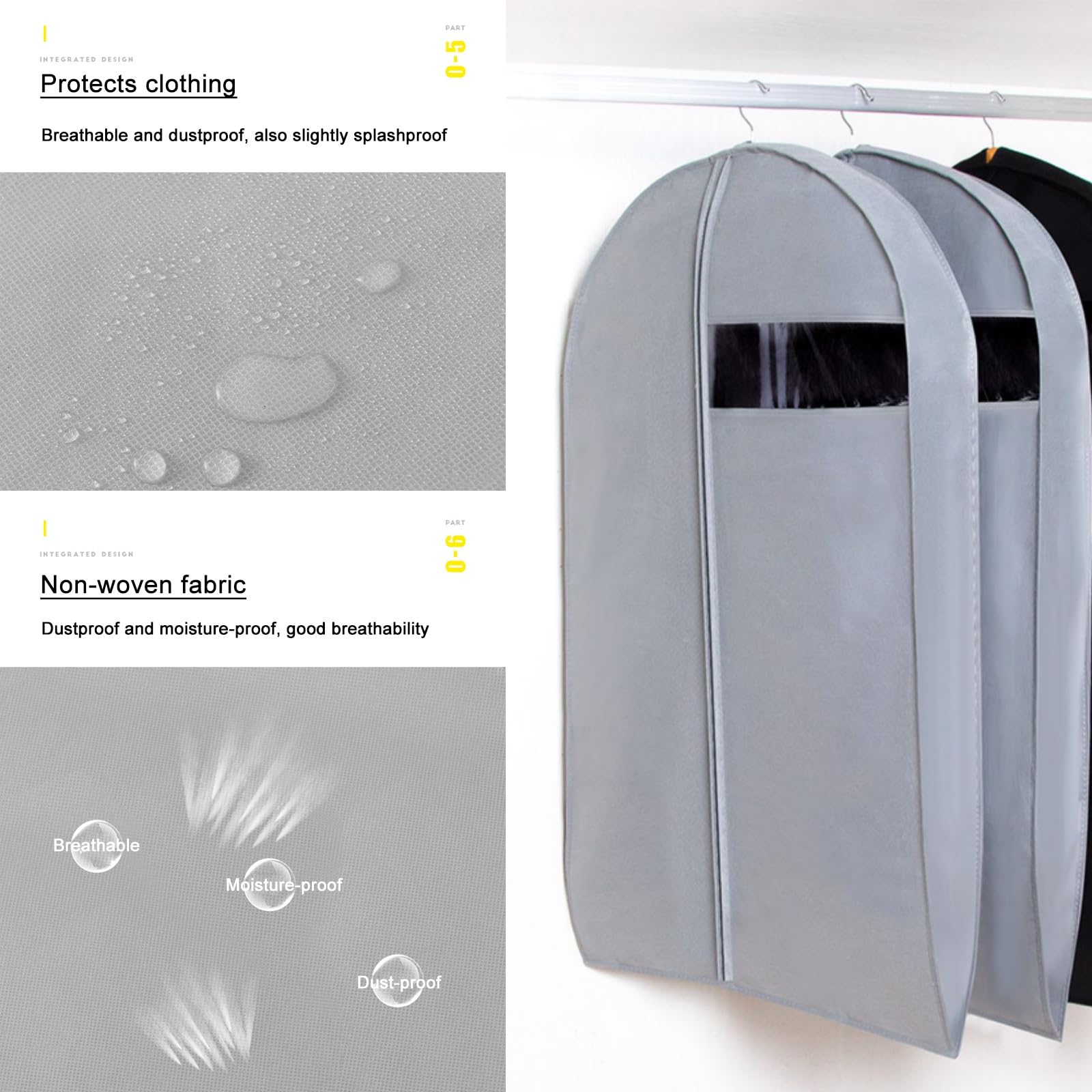 Custodie per Abiti 5 Confezioni, Borsa Porta Abiti da Viaggio, Copriabiti con Finestra in PVC Trasparente, Sacchetti per Vestiti Appesa per Maglioni, Cappotti, Vestiti(Gray,23.6x39.3in)