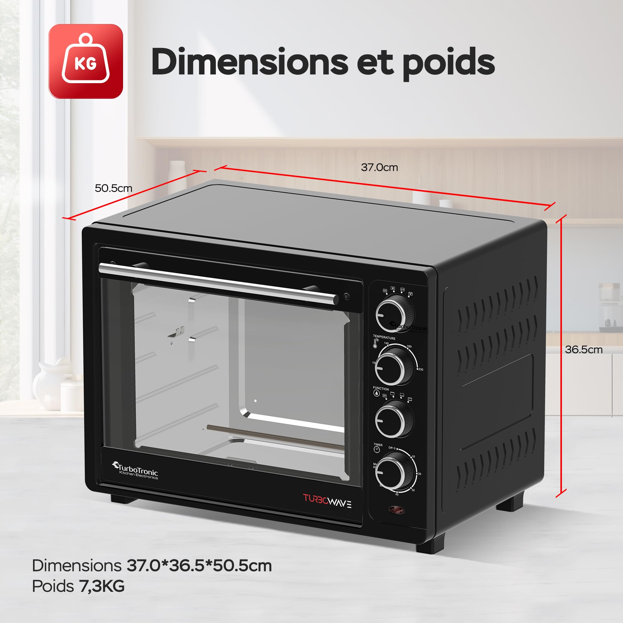 TurboTronic Mini Four à Convection avec Rôtissoire, 35L, 1600W – Four Compact Multifonctions Idéal pour Pizza, Camping et Cuisine Maison, Inclus 2 Plaques de Cuisson