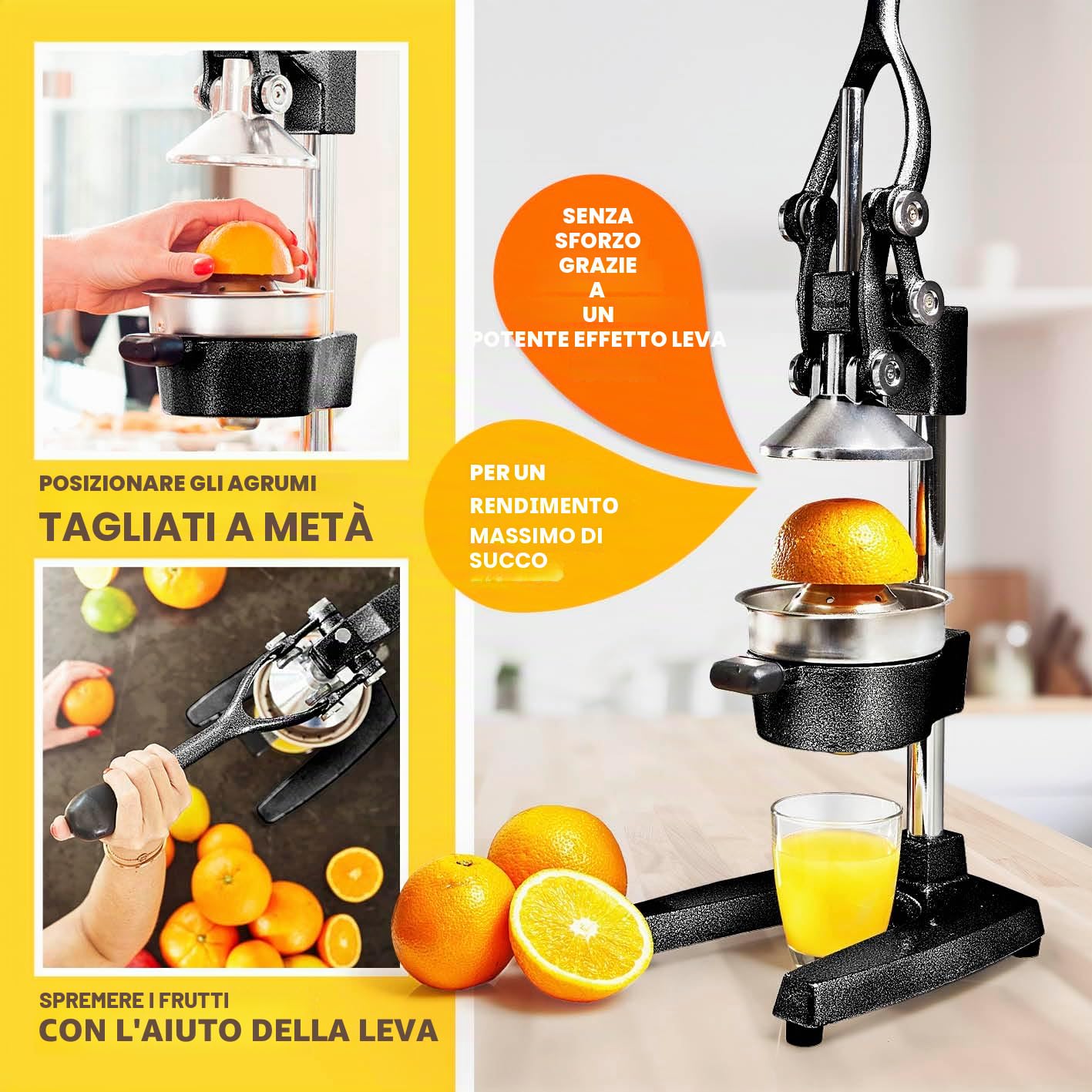 Lumaland Estrattore di Succo Manuale, Spremiagrumi in Ghisa, Senza Sforzo, Pressa Professionale per Frutta e Verdura Arance, Limone, Agrumi, Pompelmo, Melograni, Slow Juicer, Facile da Pulire, Nero