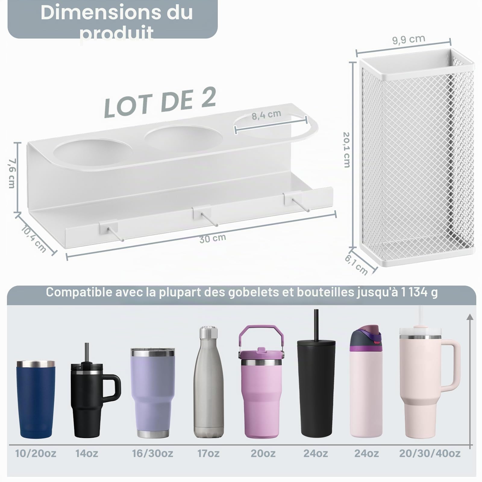 Stanley – Lot de 2 porte-gobelets magnétiques pour réfrigérateur avec panier de paille et 6 crochets pour couvercles de gobelets, tasses, accessoires de rangement pour gobelet et gobelet, 6 crochets