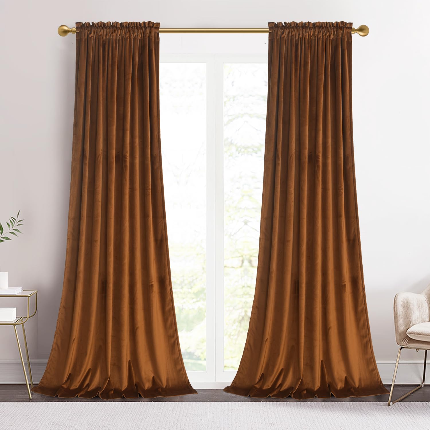 Roslynwood Luxury Soft Brown Velvet Curtains Rod Pocket Window Panels Room Darkening Curtains Energy Efficient Thick Curtain Drapes for Holiday Decor, W52 x L84, 2 Panels