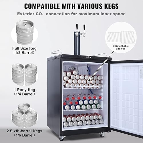 Miniatura 4 de Kegerator de cerveza, dispensador de cerveza de barril de doble grifo, refrigerador de barril de tamaño completo con estantes, cilindro de CO2,