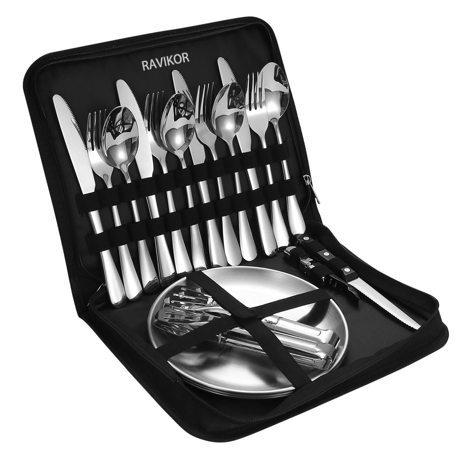 Set de couverts de camping 20PCS pour Étui de rangement avec fermeture éclair air acier inoxydable alimentaire Couverts portables