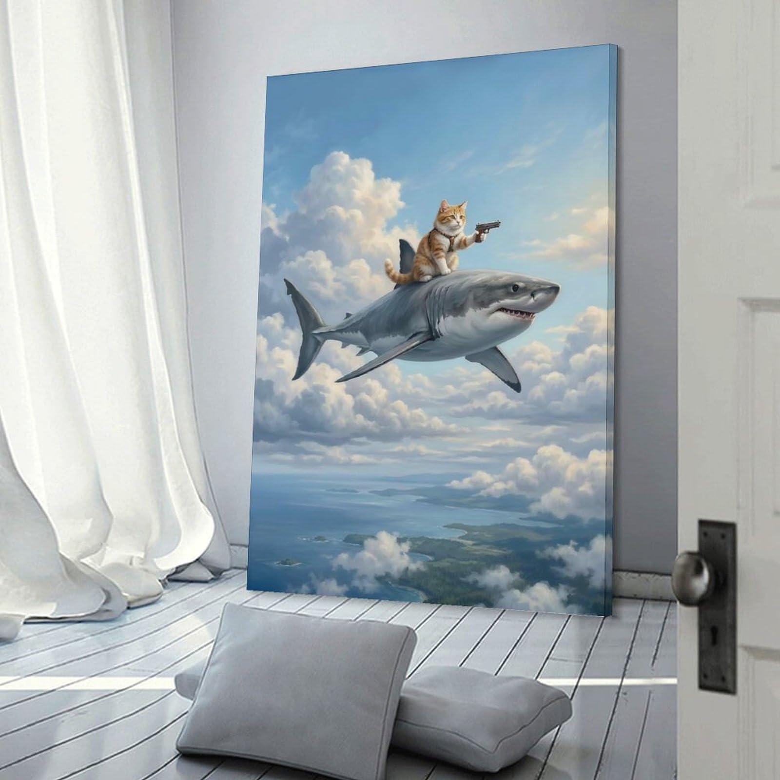 Junmoney Cat Riding A Shark in The Sky Wall Picture Print, 20x30inch(50x75cm), for Flats, Guest Rooms Or Compact Rooms, Decorative Canvas Decor for Home Updates