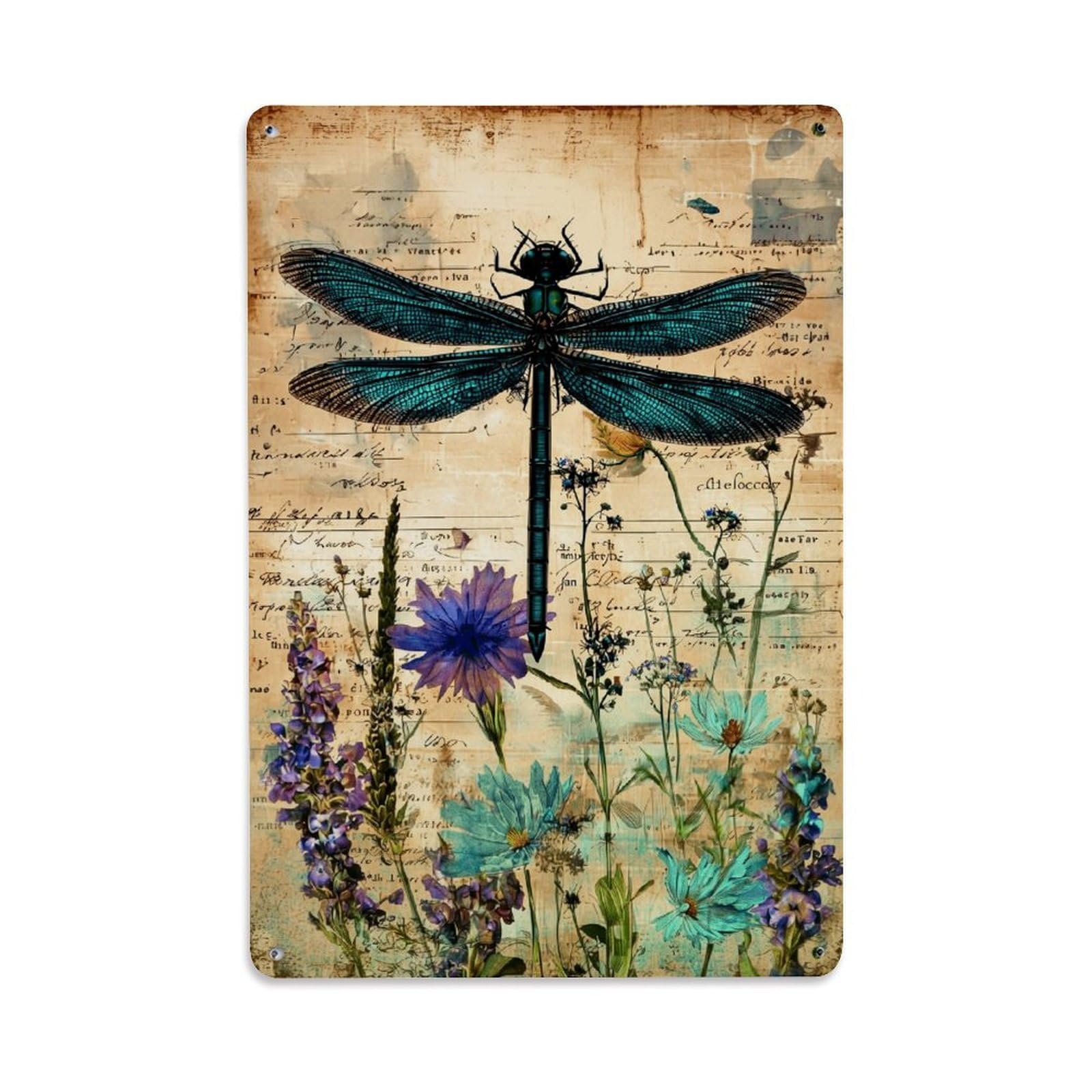 Nestemfo Vintage Dragonfly And Wildflowers Tin Sign Metal Sign, Living Room,Bar, Home, Bedroom Wall Decor,Retro Metal Poster 8X12 Inches