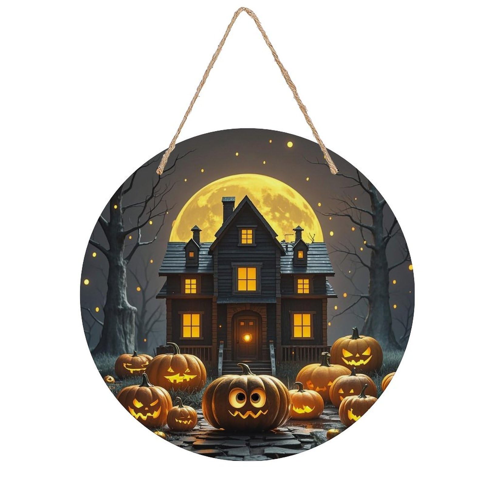 LZQPOEAS Halloween Night Wall Art Decor Round Wood Hanging Sign Rustic Vintage Wooden Door Hanger with Ropes Decorative Plaque Welcome Sign for Home Indoor Outdoor, 7.9x7.9 in