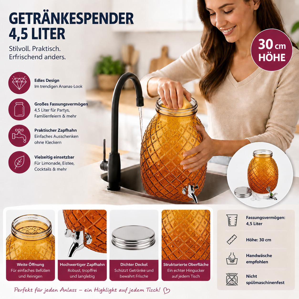 2er Set Getränkespender je 4,5L Ananas Glas mit Zapfhahn Getränkebehälter Saftspender Limonadenspender Partyspender Deckel 30cm für Cocktails Eistee Spender - gelb orange