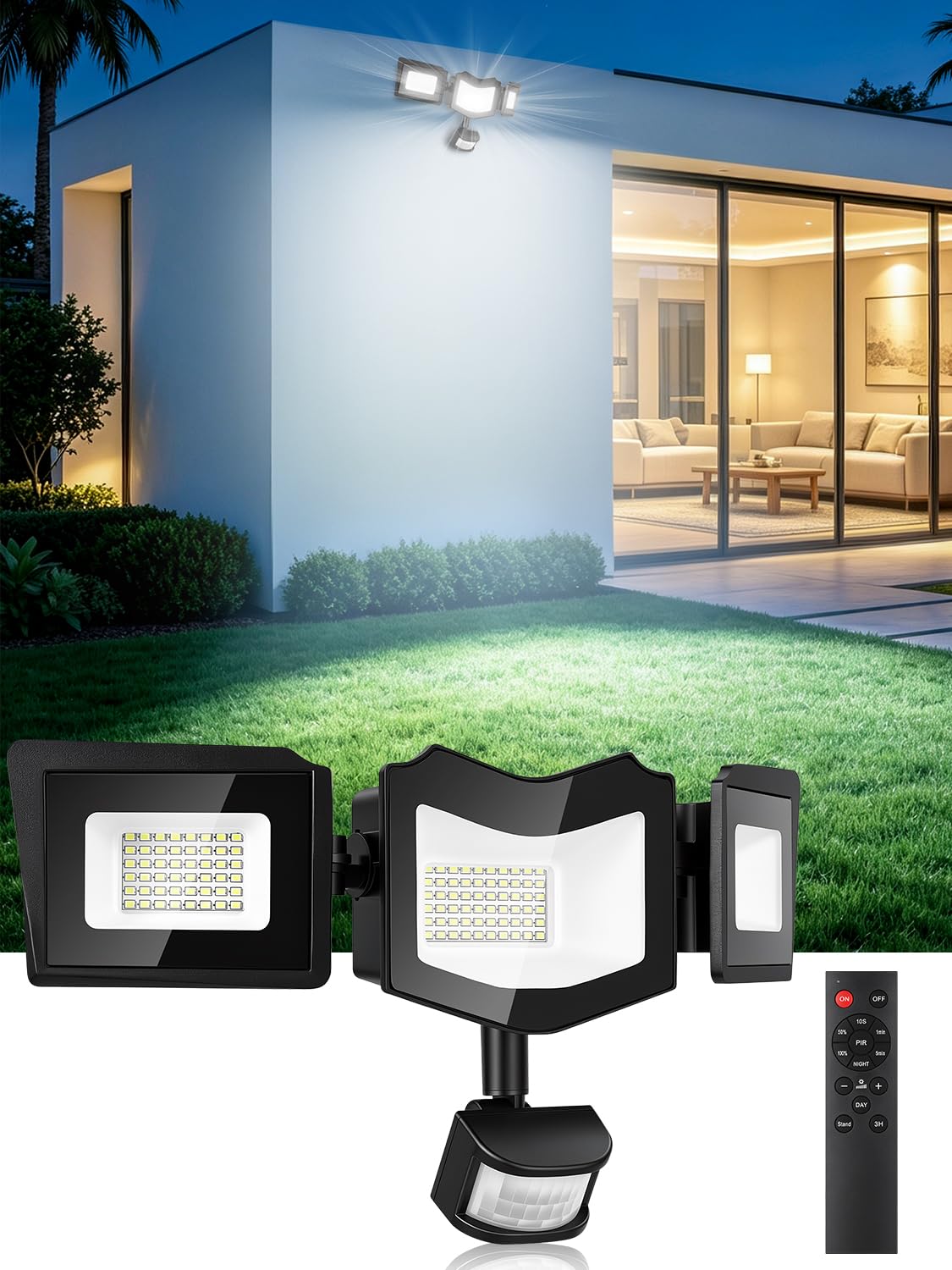 Faretto LED da Esterno con Sensore di Movimento 150W,6500K Bianca Fredda 15000LM Faretti con Telecomando,4 Modalità Timer 3 Teste Fari LED,IP65 Impermeabile Faro Esterno per Giardino Terrazza Garage