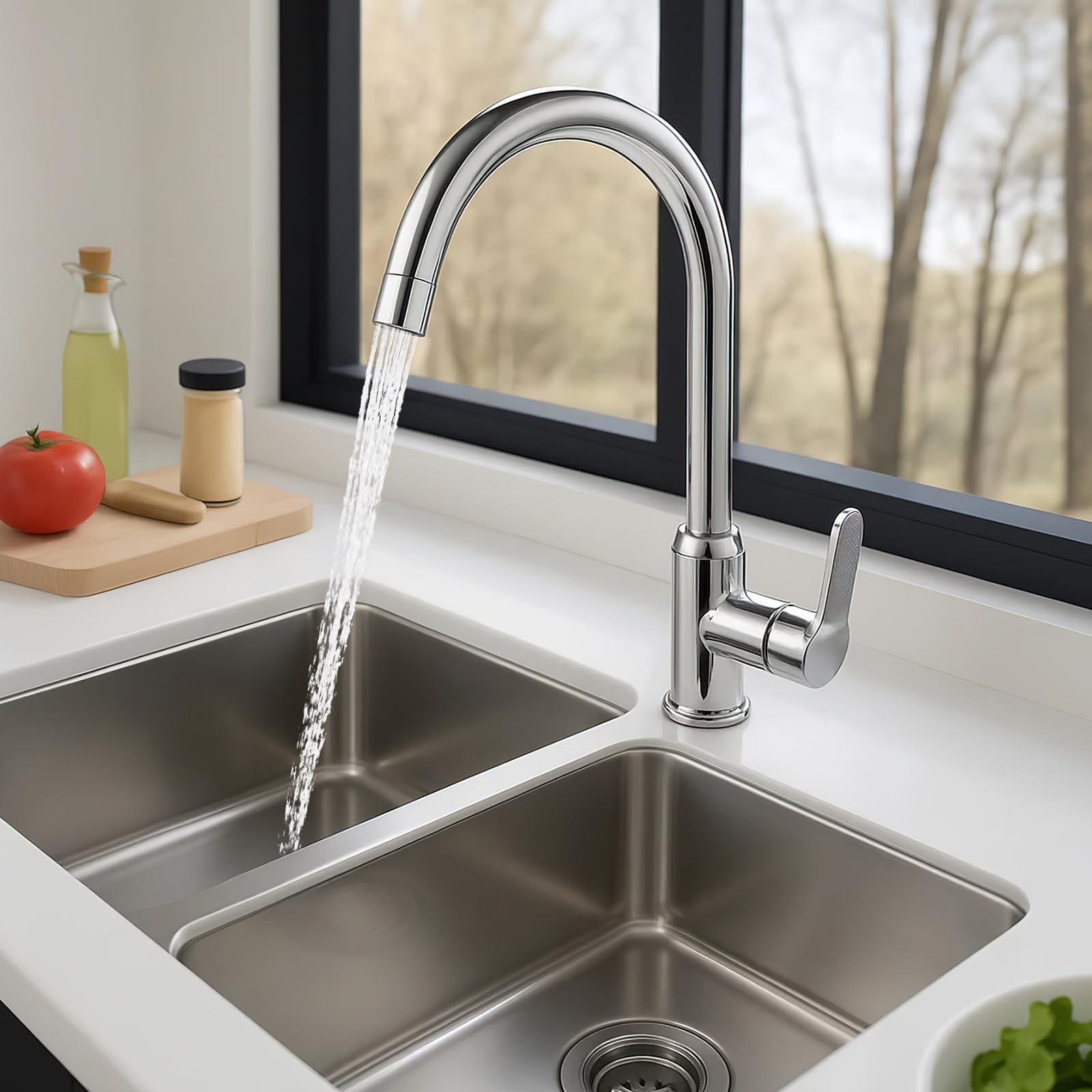 Robinet de cuisine mitigeur 360° pour évier de cuisine avec tuyau d'alimentation en acier inoxydable de 80 cm - Robinet de cuisine à une main pour cuisine, jardin, caravane, plan de travail