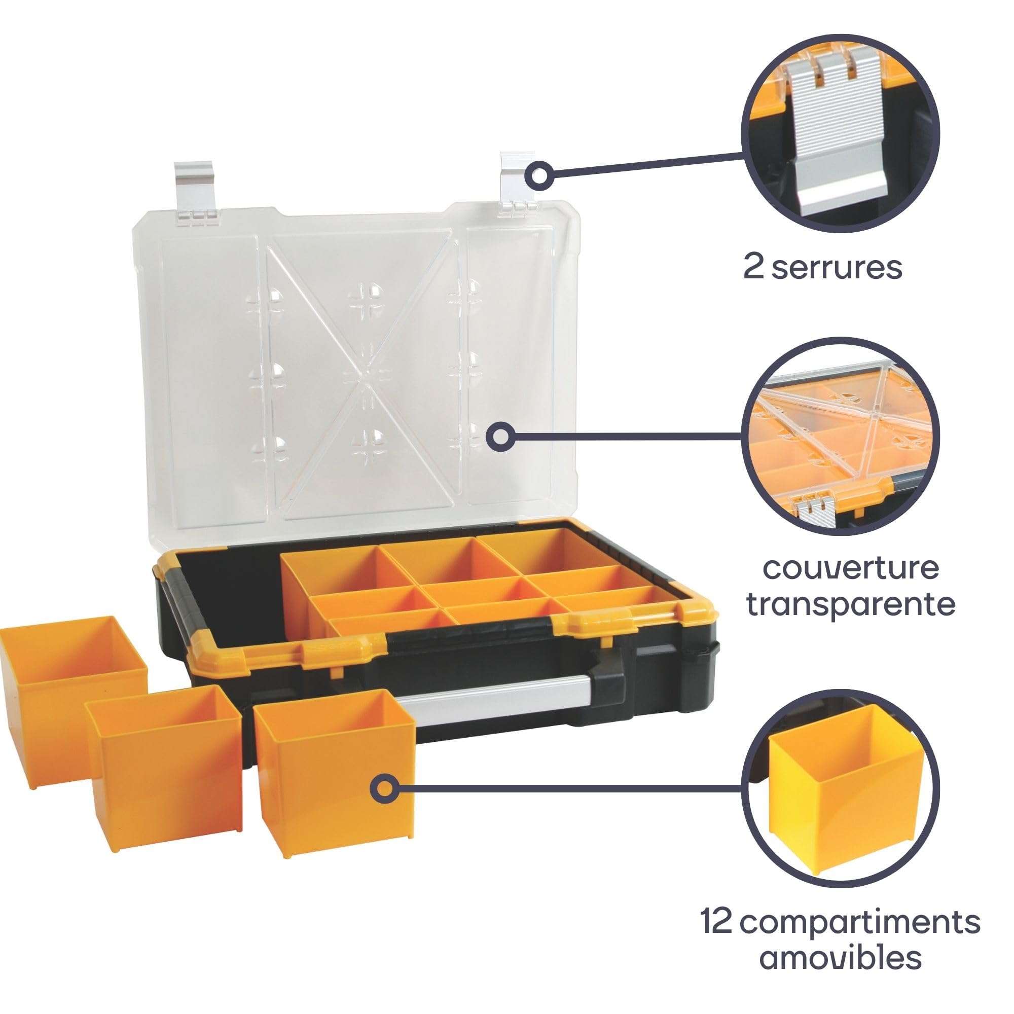 Perel Boîte d’assortiment, mallette de rangement en plastique avec 12 bacs amovibles, couvercle transparent, empilable, poignée et fermetures en aluminium, pour vis écrous clous et petites pièces