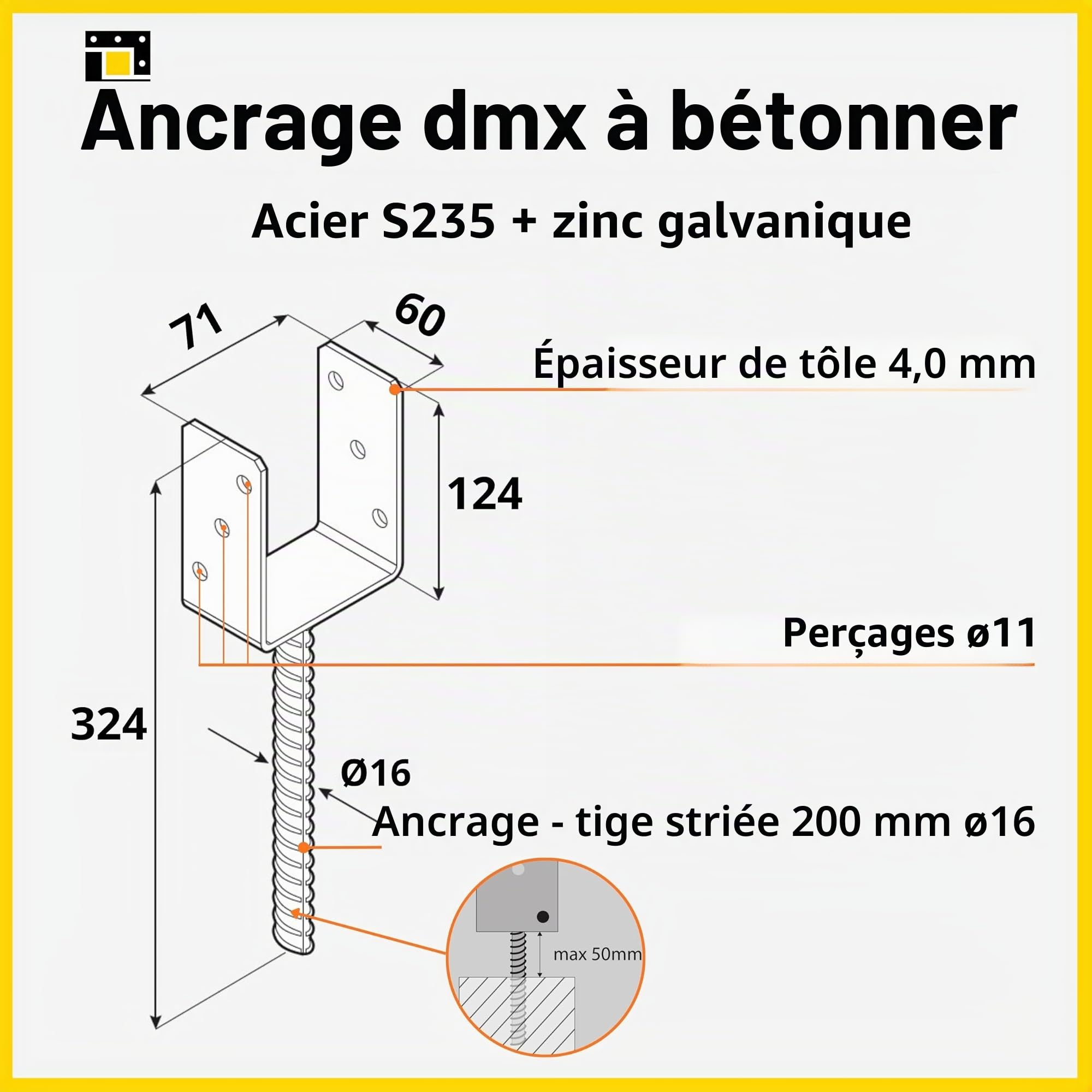DMX - Supports de poteau en U - Lot de 6 ancrages de poteau - Connecteurs de bois - Patte de poutre profil U - Support de poteau 70x70 - Support de poteau à encastrer - Pied de support pour poteaux de