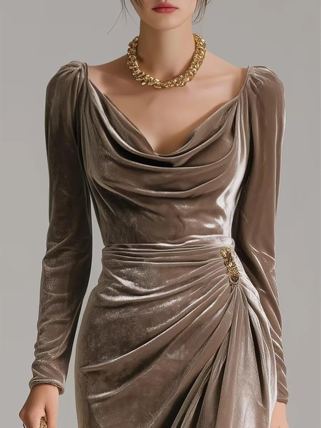 Velvet Long Sleeve Fall Wedding Guest Dresses Cowl Neck Ruched Midi Cocktail Dress with Slit