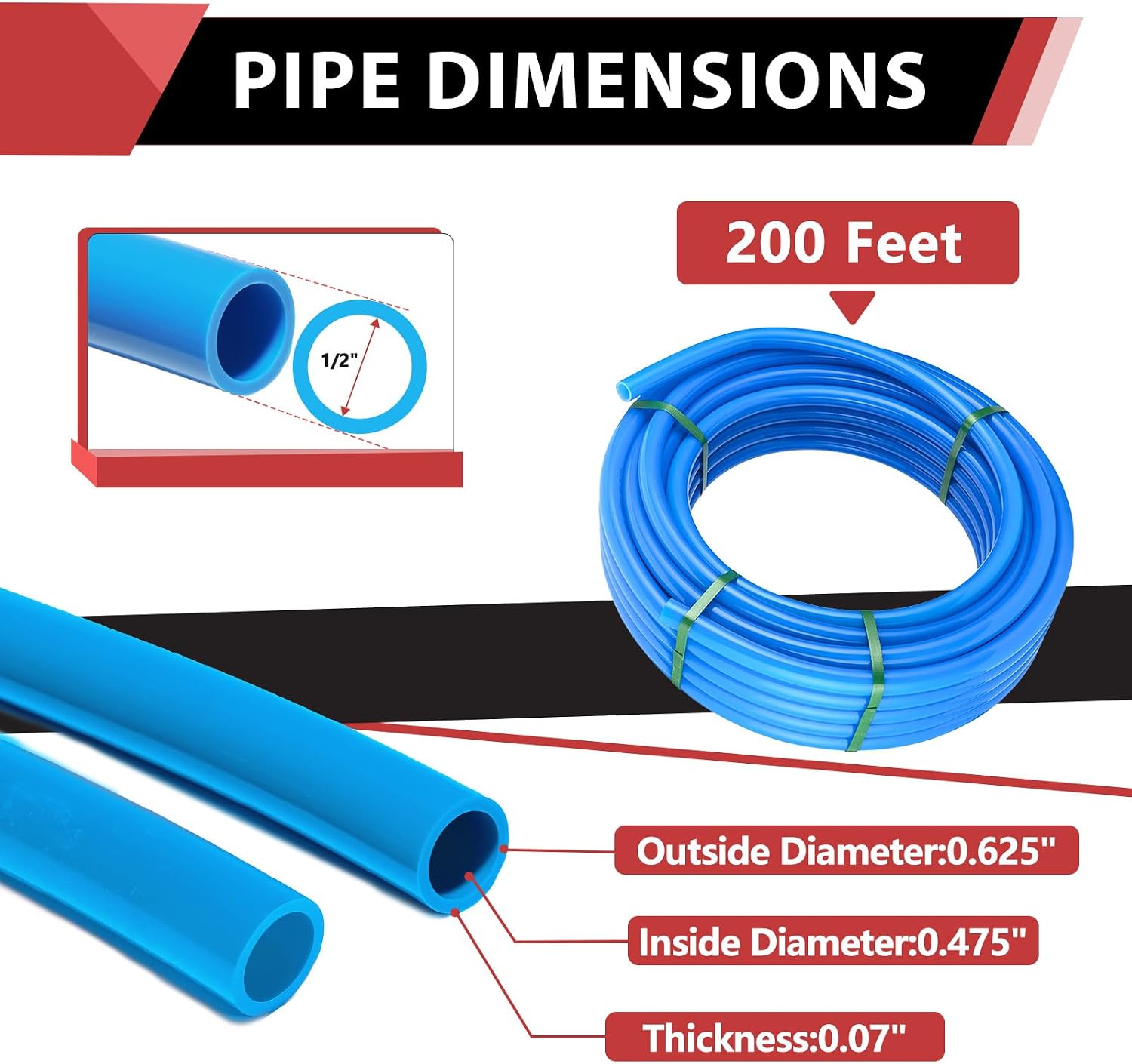 EFIELD 1/2 Inch 200 ft Pex-b Pipe Blue, NSF Certified For Potable Water, Cold Hot Water, Fitting, Crimping Tool, Cinch Clamps, Cutter, All-in-one Combo Kit