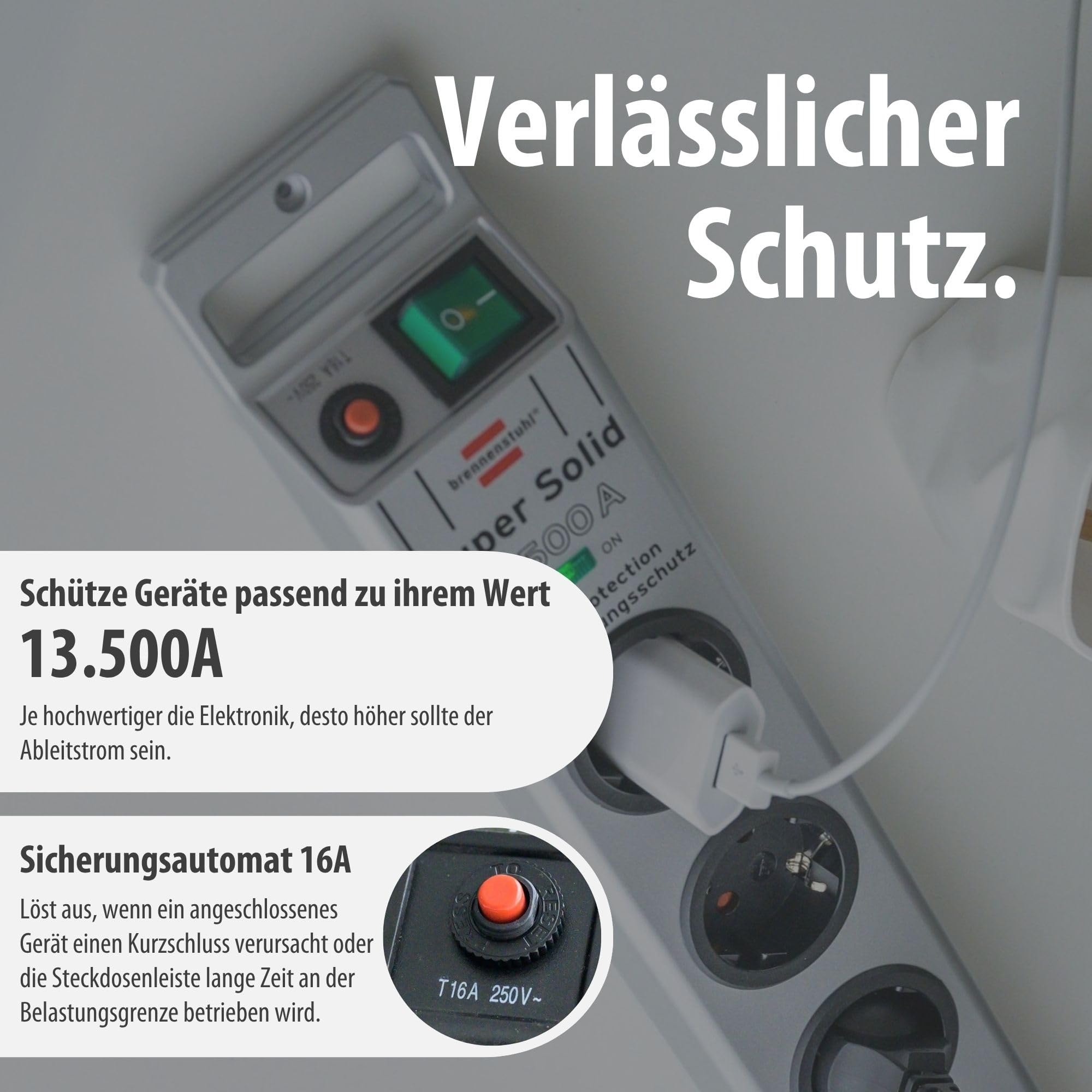 Brennenstuhl Super-Solid regleta de 5 enchufes con protección contra sobretensiones (regleta eléctrica con Cable de 2,5m e Interruptor - de policarbonato Resistente a la Rotura) Plata