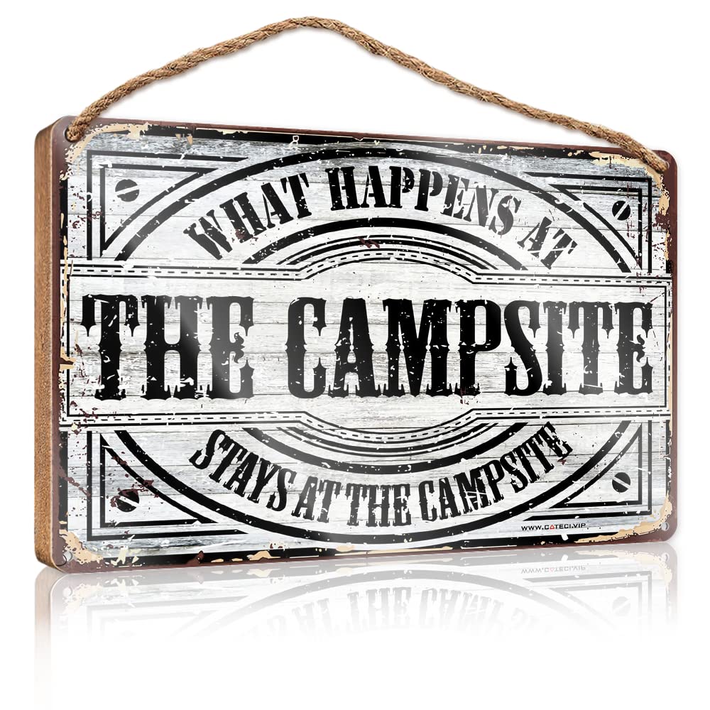FZFN Door Decor Sign What Happens At Campsite Stays At Campsite Wooden Sign Vintage Decor Hanging Decor Wood(15X28CM)