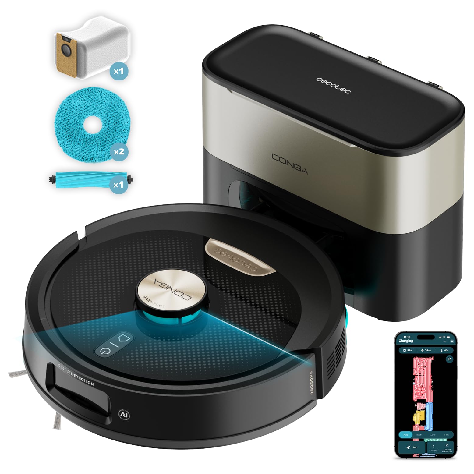 Cecotec Conga Y100 Spin AI Robot Vacuum Cleaner with Self-Emptying Base, Laser Navigation, 20000Pa Suction Pressure, Special Silicone Brush Houses with Pets, 2.8L Base, App Control