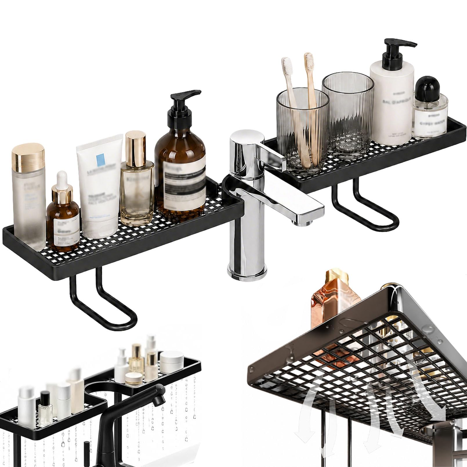 Over Sink Faucet Storage Rack, No-Drill Free Standing Faucet Shelf, Behind the Faucet Sink Organizer with Drain Tray, Space-Saving Bathroom Countertop Organizer for Kitchen, Bathroom, Vanity (black)