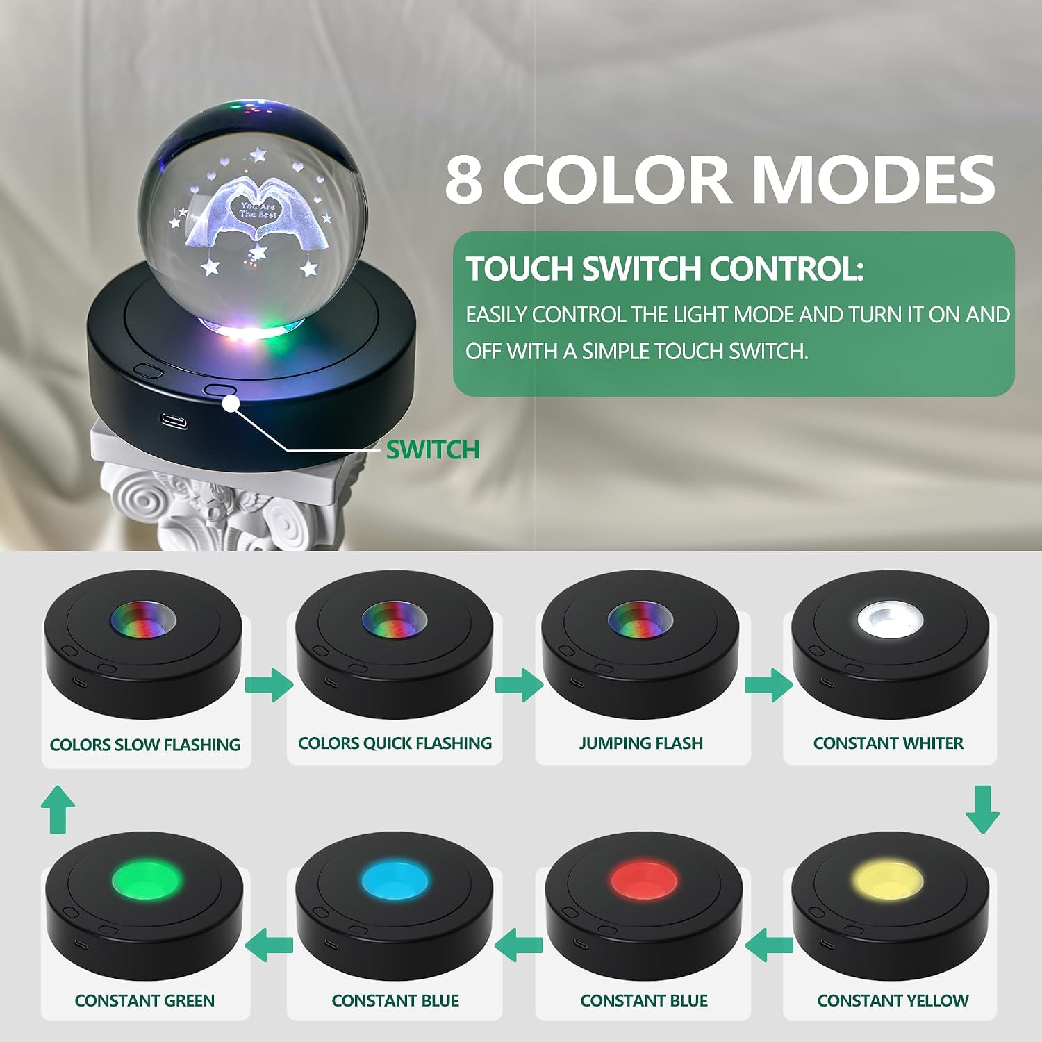 LED Light Base for Glass Art, 4.5" Rotating Display Stand with RGB Lights