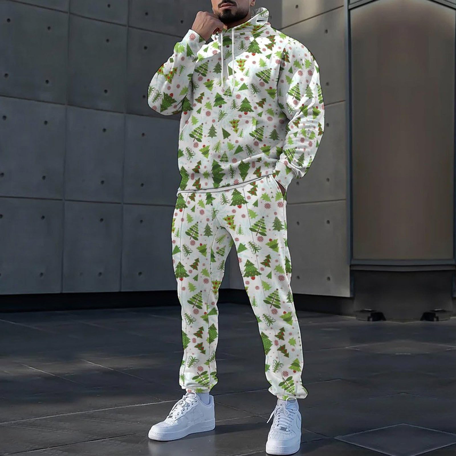 Generico Completo Natalizio Uomo,2 Pezzi Jogging Sportivi Set Completa Rosso Tuta Uomo Palestra Felpa con Cappuccio e Pantaloni divertente Babbo Natale per feste, serate, matrimoni