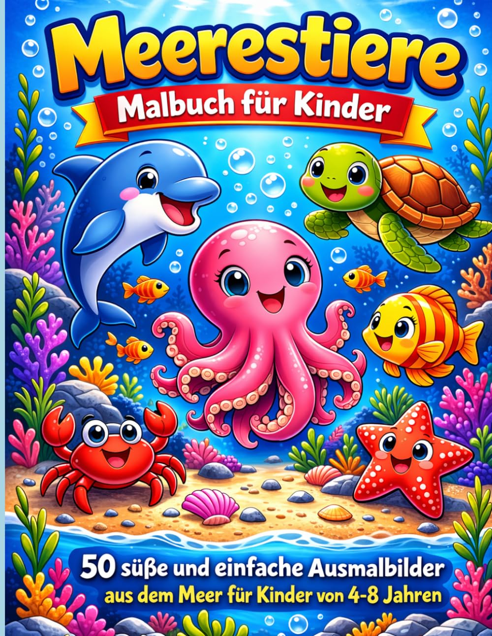 Meerestiere Malbuch für Kinder: 50 süße und Einfache Ausmalbilder | aus dem Meer für kinder von 4-8 jahren: Niedliche Meerestiere zum Ausmalen | Kreatives Malbuch für Jungen und Mädchen