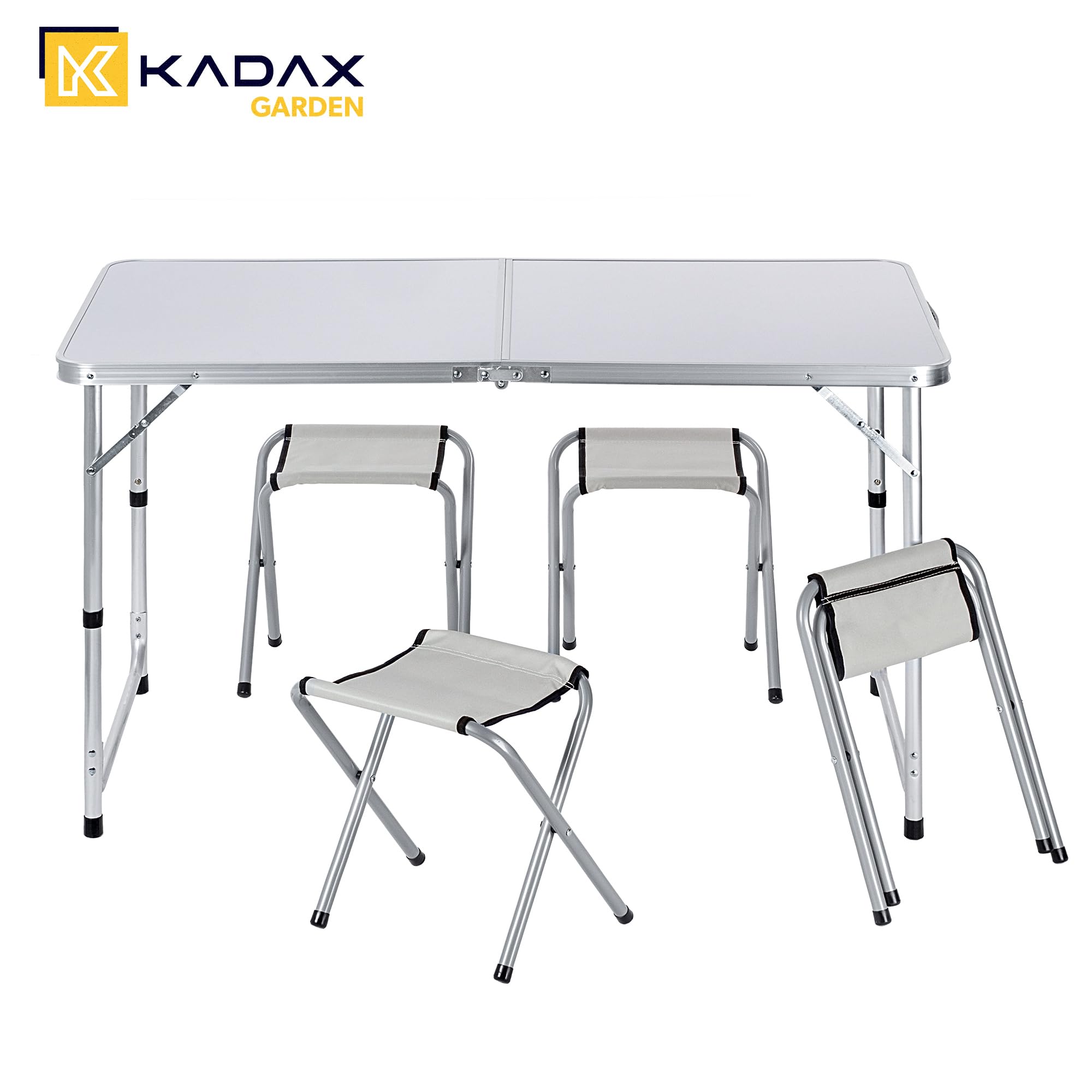 KADAX Juego de Muebles de Camping: Mesa Plegable Con 4 Sillones Ajustables en Altura, Multifunción (Plata y Blanco)