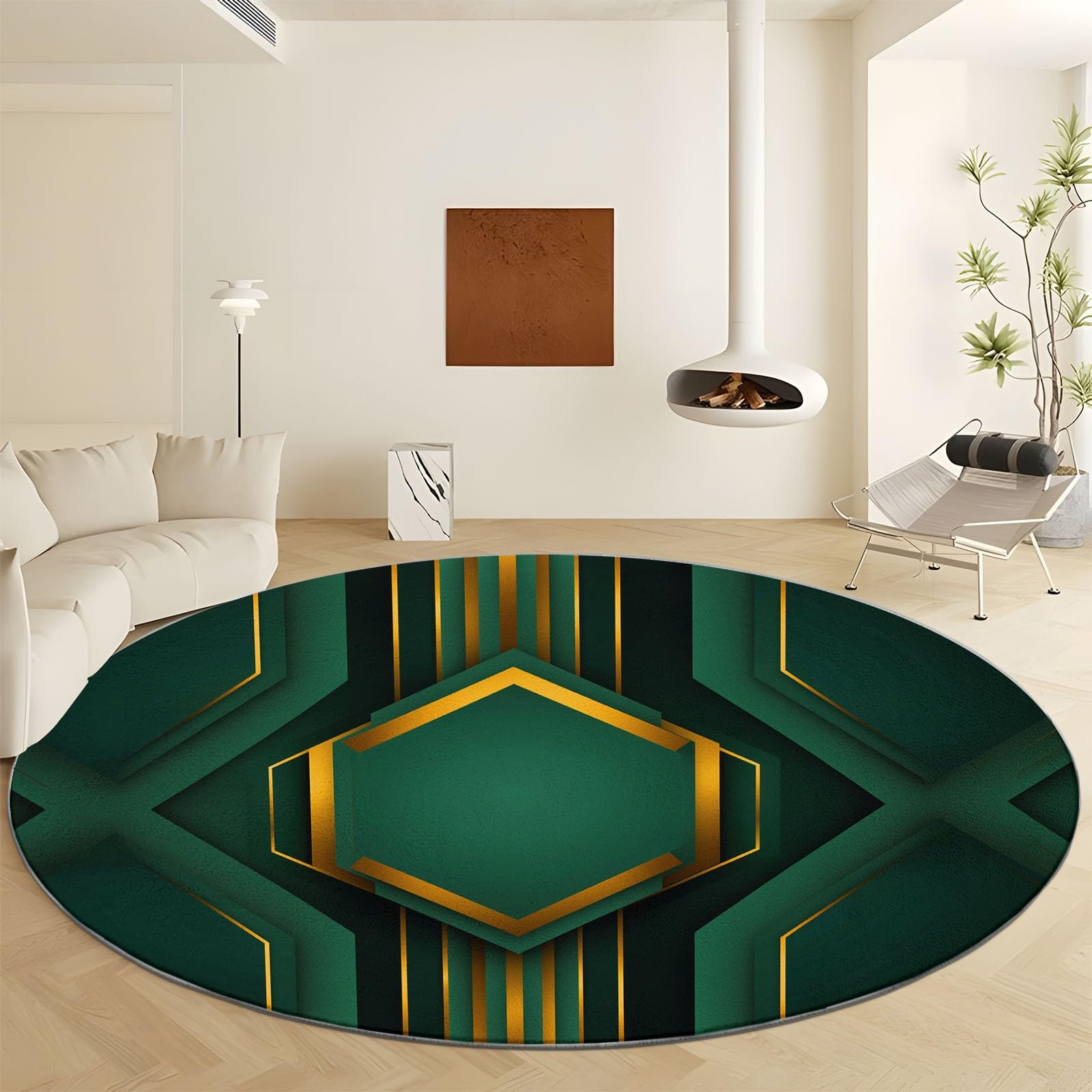 Tapis rond 80 cm géométrique vert militaire pour salon moderne