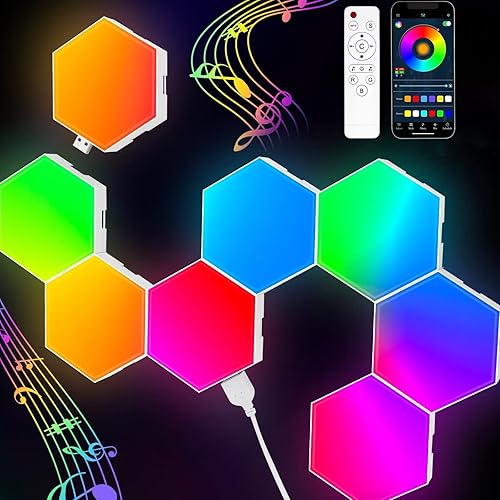 Miniatura 11 de TISOFU Paneles de pared LED hexagonales, luces RGB para juegos con aplicación, panel modular inteligente, azulejos hexagonales con formas de