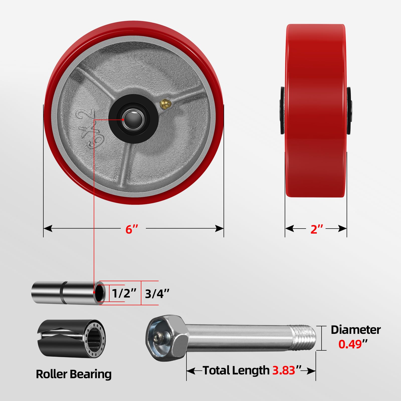 HANDSAMMU 6 Inch Heavy Duty Replacement Caster Wheels-1200LBS Capacity per Wheel, Polyurethane on cast Iron Wheel -1/2