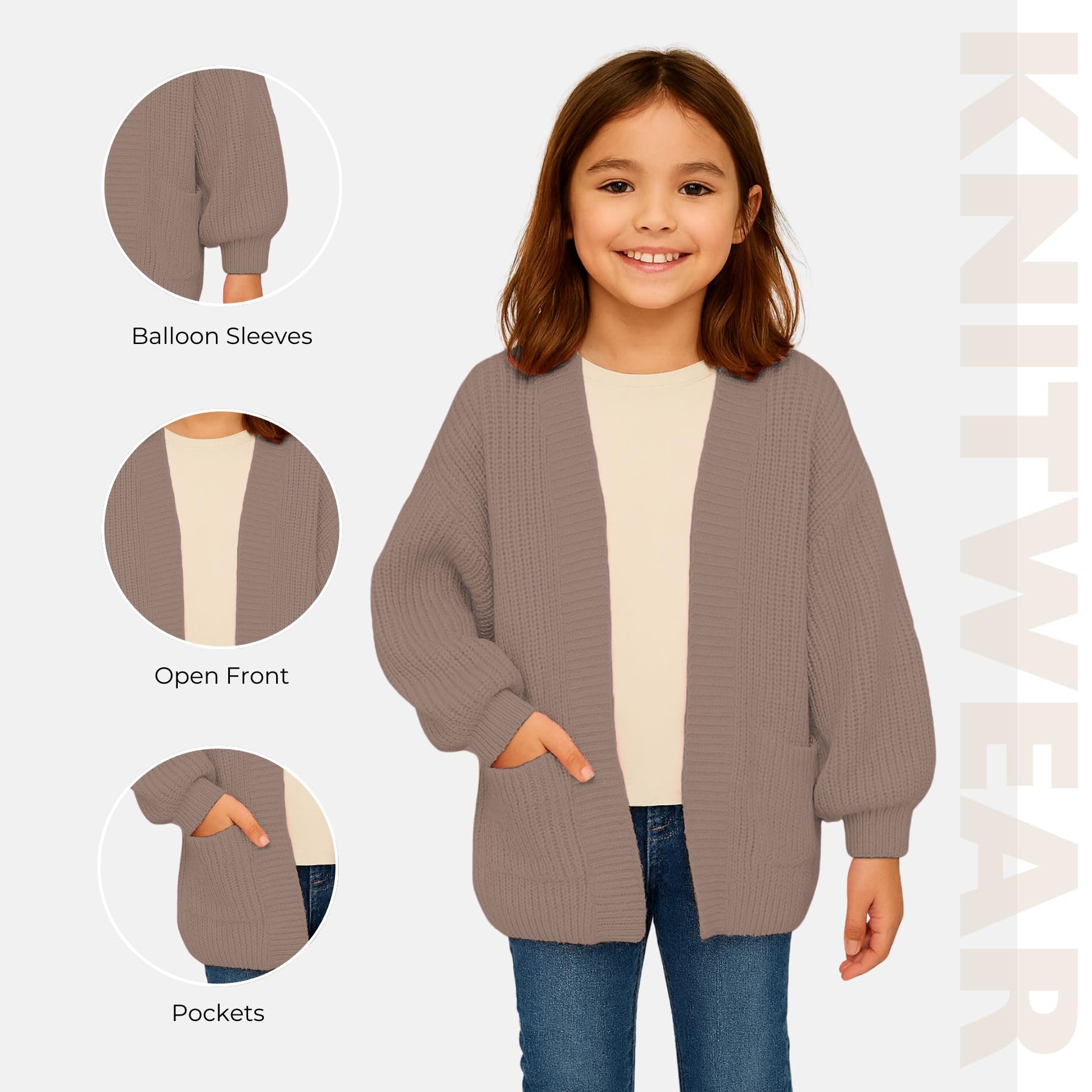 janisramone Cardigan da ragazza con maniche a palloncino con tasche, aperto sul davanti, lavorato a maglia grossa, cardigan oversize comodo e caldo, cardigan invernale per ragazze dai 7 ai 13 anni