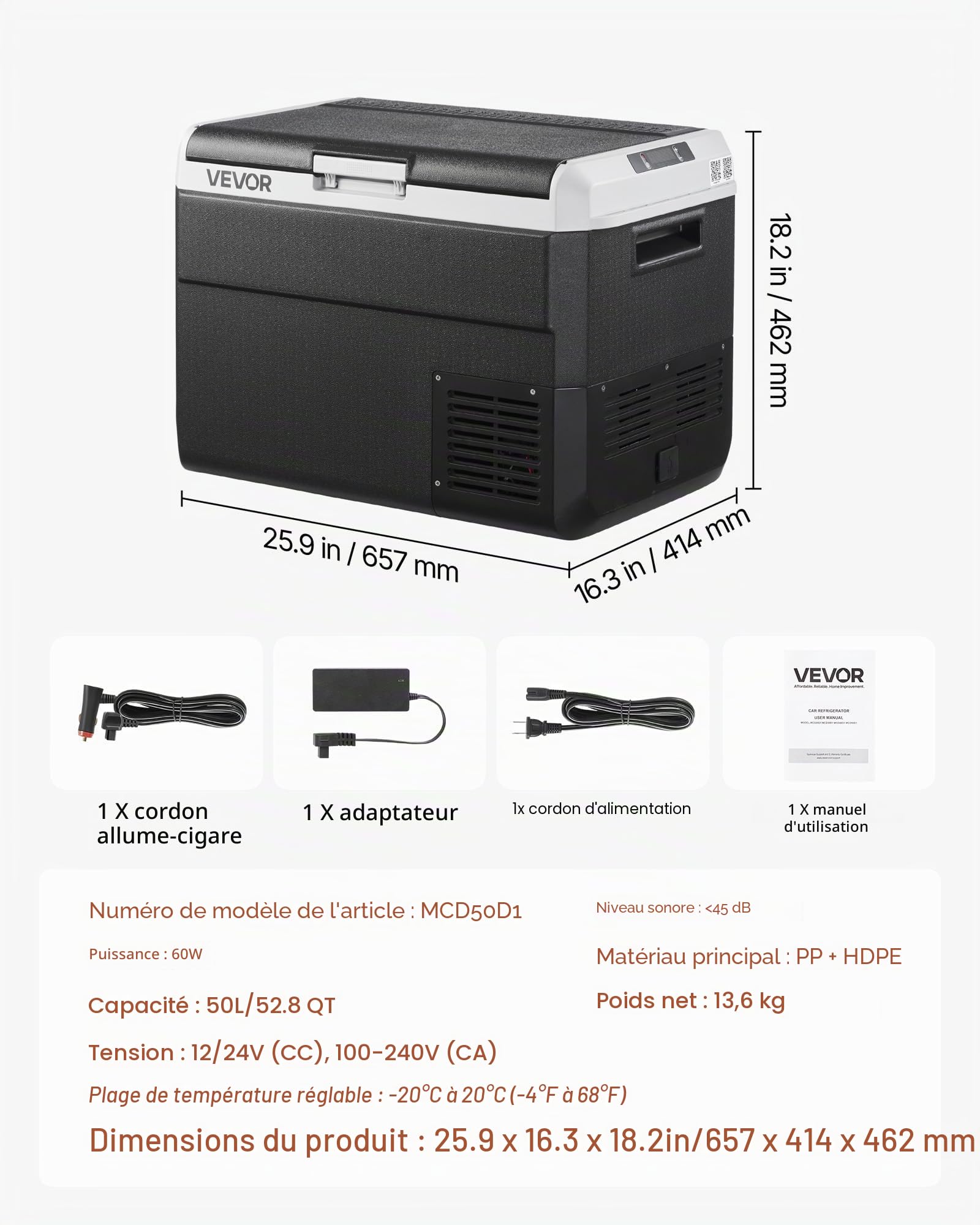 VEVOR Glacière Électrique 50 L, Réfrigérateur Portable Voiture et Maison 12/24 V CC et 100-240 V CA, pour Camping Voyage Plage Pêche, Mini Frigo à Compression, Température Réglable -20 °C à 20 °C