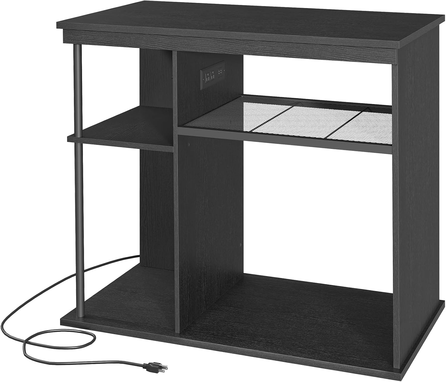 The MAHANCRIS fish tank stand fully assembled, without an aquarium, showing the multi-tiered shelves and the integrated power outlet.
