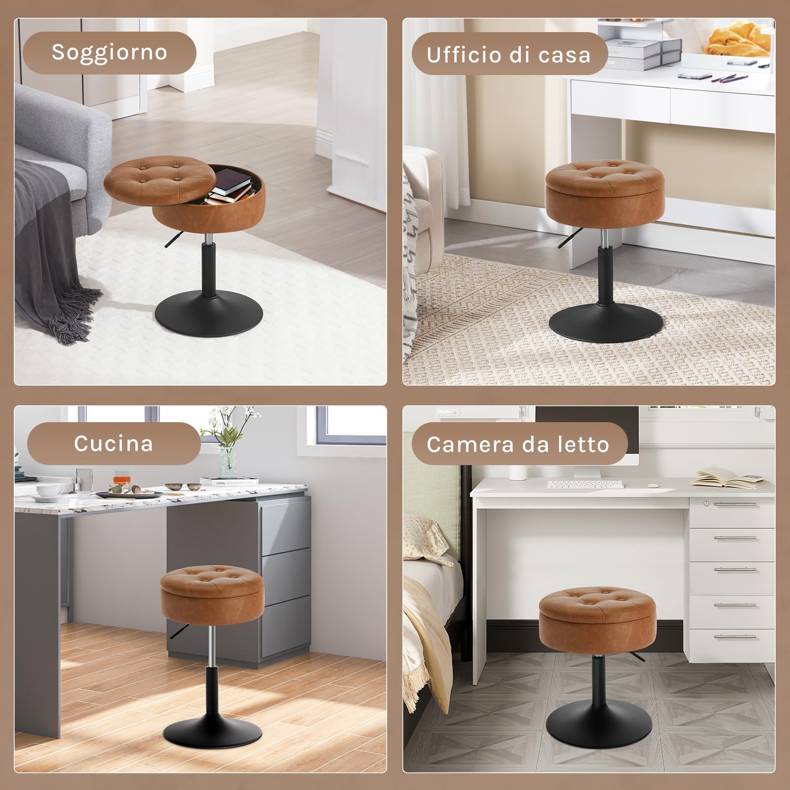 WOLTU Sgabello da Trucco, Sedia con Contenitore, in Velluto, Marrone | Sgabello Altezza Regolabile, 50-66.5cm, Sedia da Bar Rotondo, per Cucina Soggiorno, Toeletta Trucco, Postazione, in Metallo