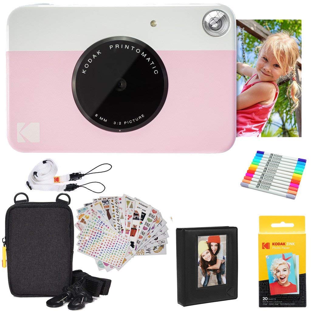 KODAK Printomatic Full-Color Instant Print Digital Camera Colorful Photos On Zink 2x3" Sticky-Back Photo Paper 5MP Gift Bundle: Case + Zink 2x3" 20pk + Album + Stickers + Frames + Markers - Pink