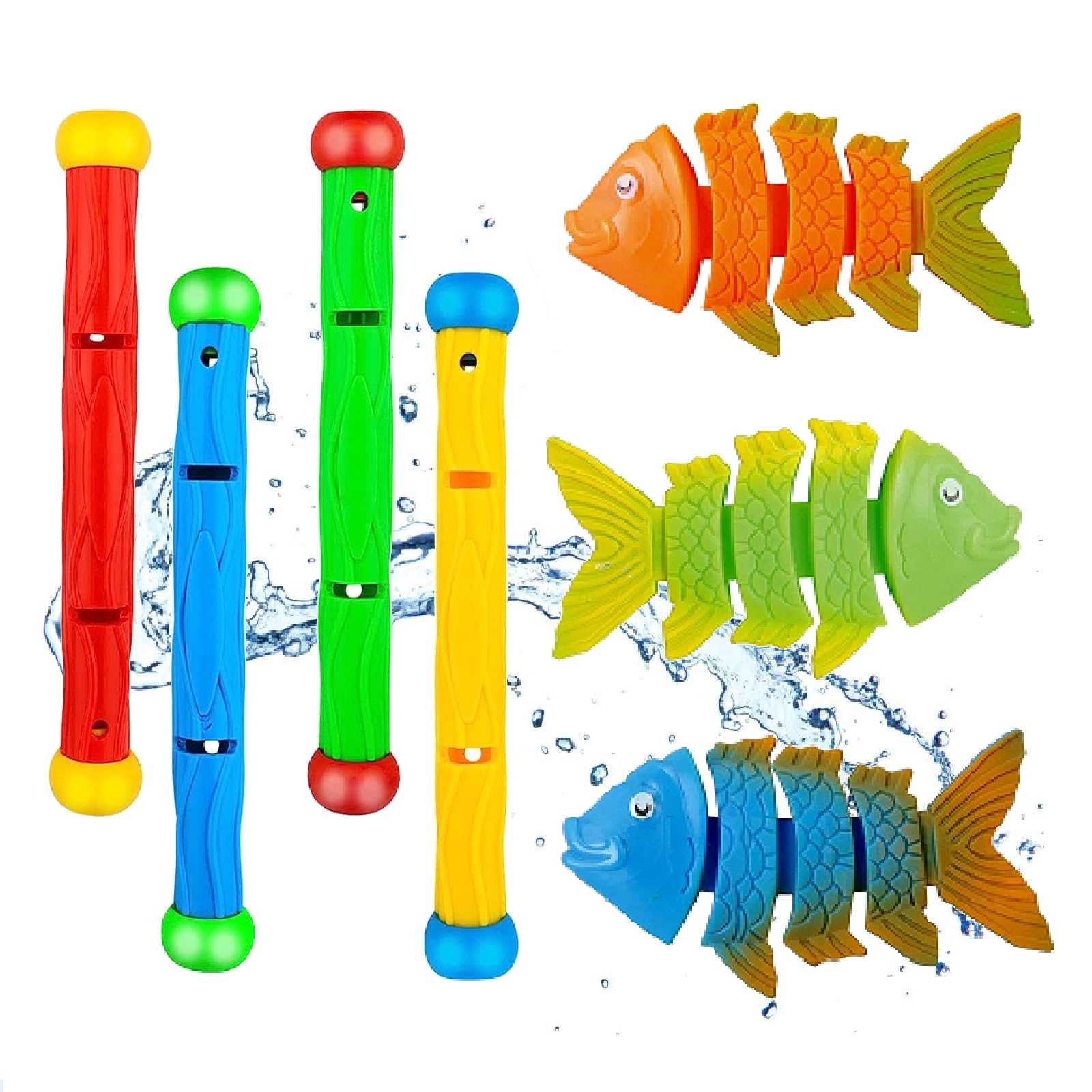 Kiuiom Juguetes de Buceo, Juguetes para Nadar bajo el Agua, Juguete Acuático para Piscina​, 4PCS Sticks de Buceo y 3PCS Pescados Salto Juguetes de Piscina Entrenamiento Juego para Niños