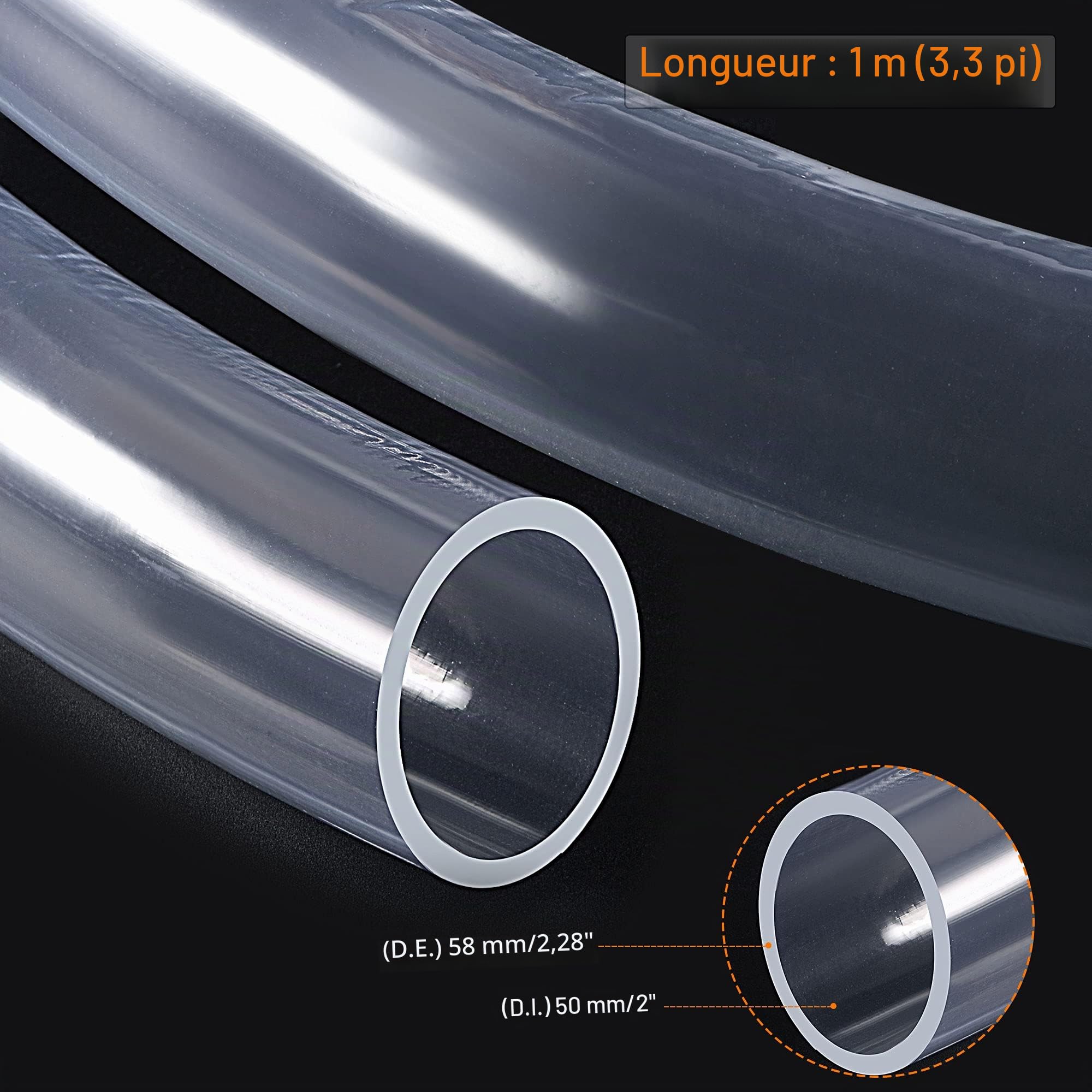 sourcing map Tuyau Flexible PVC Transparent Vinyle Tube PVC 50mm Diamètre Interne 58mm Diamètre Externe 1 Mètre de Longueur Flexible Léger pour Eau Tube Air Ligne
