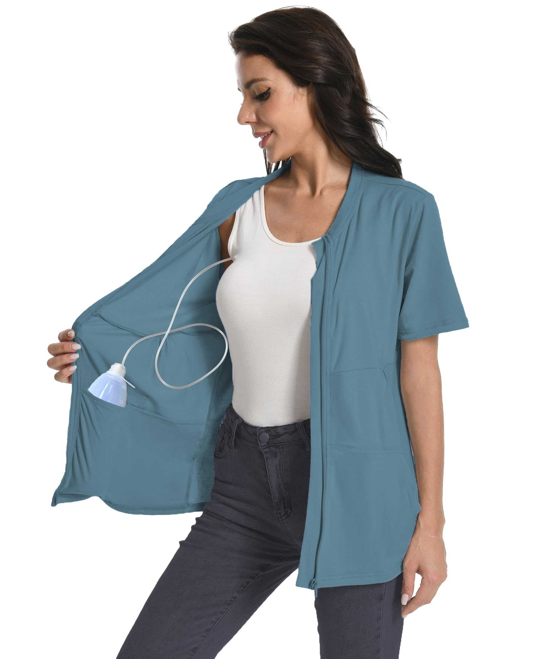 Post Mastectomy Zip Up Shirts with Drain Pockets Surgery Recovery Must Haves Clothing Comfy Short Sleeve Shirts