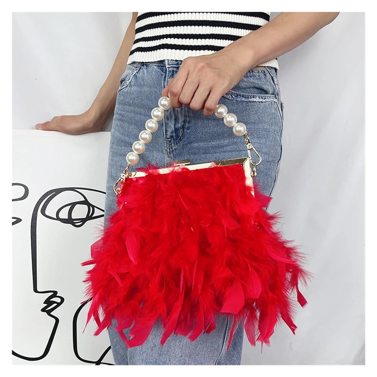 Pochette Fashion Feather Pochette Piuma Catena Di Perle Donna Multicolor 20x5x18cm(Black)