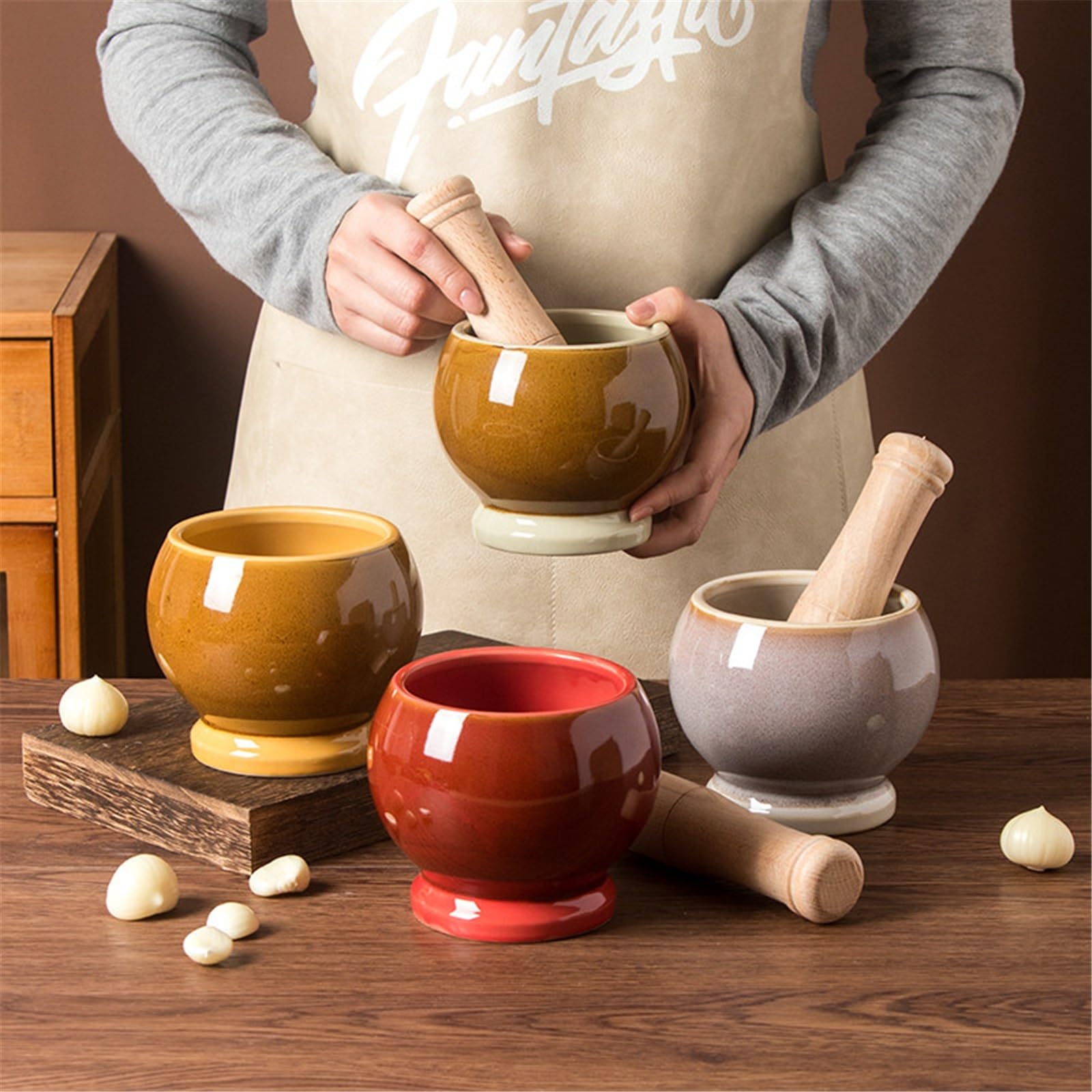 Pratico Smerigliatrice manuale con mortaio e pestello da cucina in ceramica for aglio